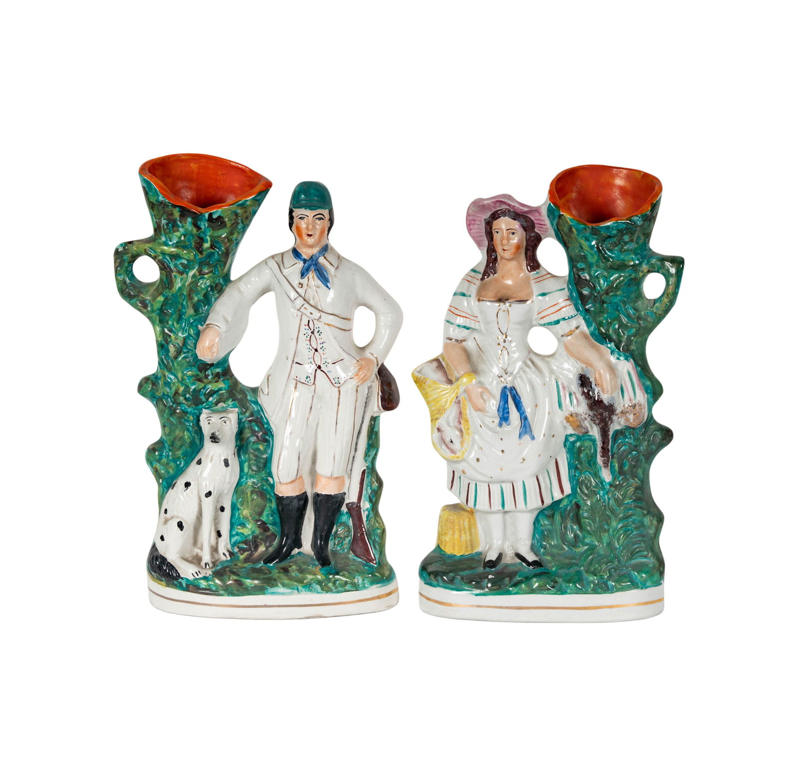 A Pair of Victorian Staffordshire Pottery Spill Vases: unmarked Each: 11 1/4 in. (28.6 cm.) high