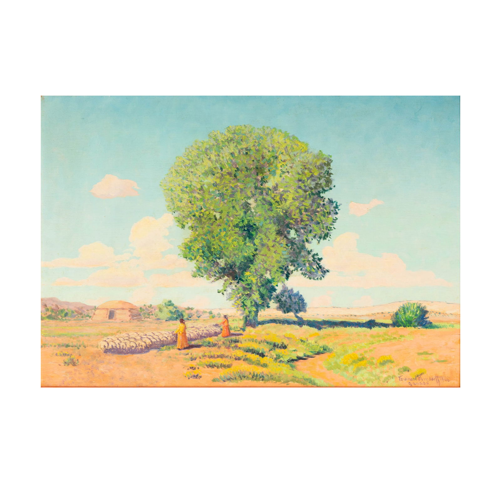 Ferdinand Burgdorff, 1881-1975, Landscape with Shepherds and Flock: oil on Masonite 1946; signed and dated lower right 14 x 20 in. (35.6 x 50.8 cm.) Frame: 19 x 25 in. (48.3 x 63.5 cm.)