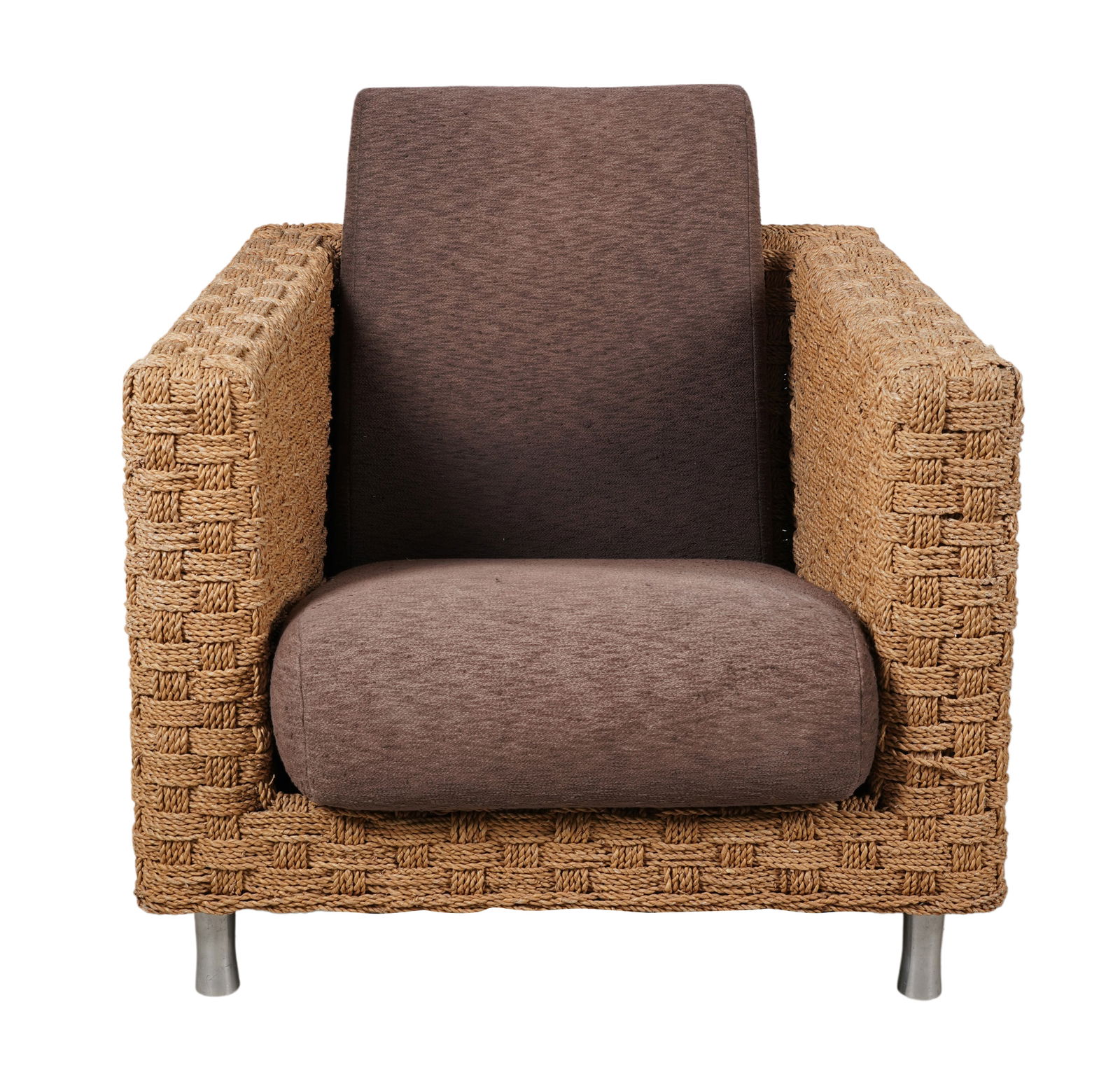 A Didier Gomez for Ligne Roset Lounge Chair: woven rope, fabric, brushed metal; with manufacturer's tag to cushion 31 x 29 1/2 x 33 1/4 in. (78.7 x 74.9 x 84.5 cm.)