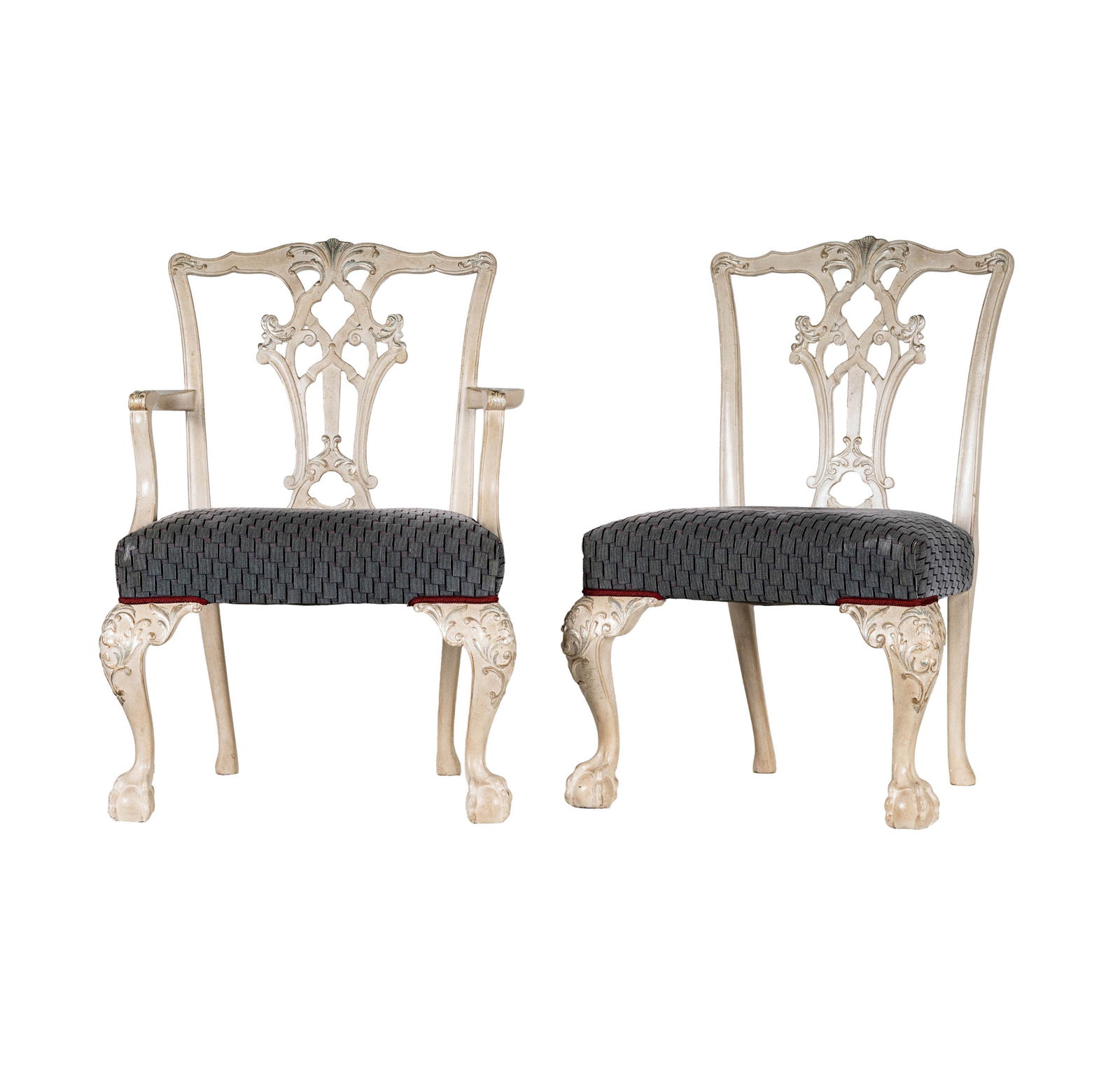 A Pair of Antique Chippendale-Style Armchairs: painted in white 38 1/2 x 27 x 22 in. (97.8 x 68.6 x 55.9 cm.) Provenance: The Beverly Hills estate of a distinguished collector.