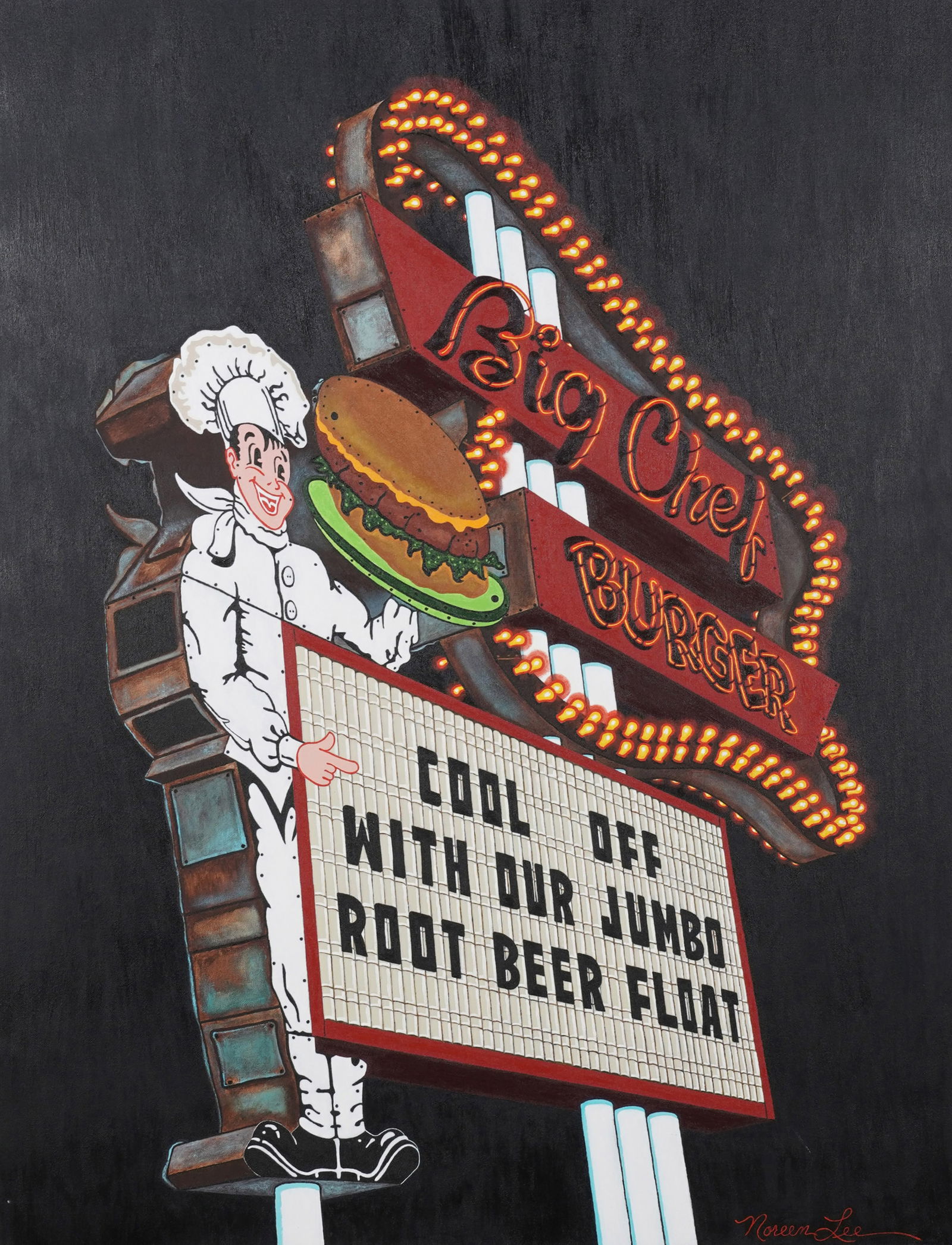 Noreen Lee, 20th Century, Big Chef Burger: oil on canvas signed lower right 48 x 36 in. (121.9 x 91.4 cm.)