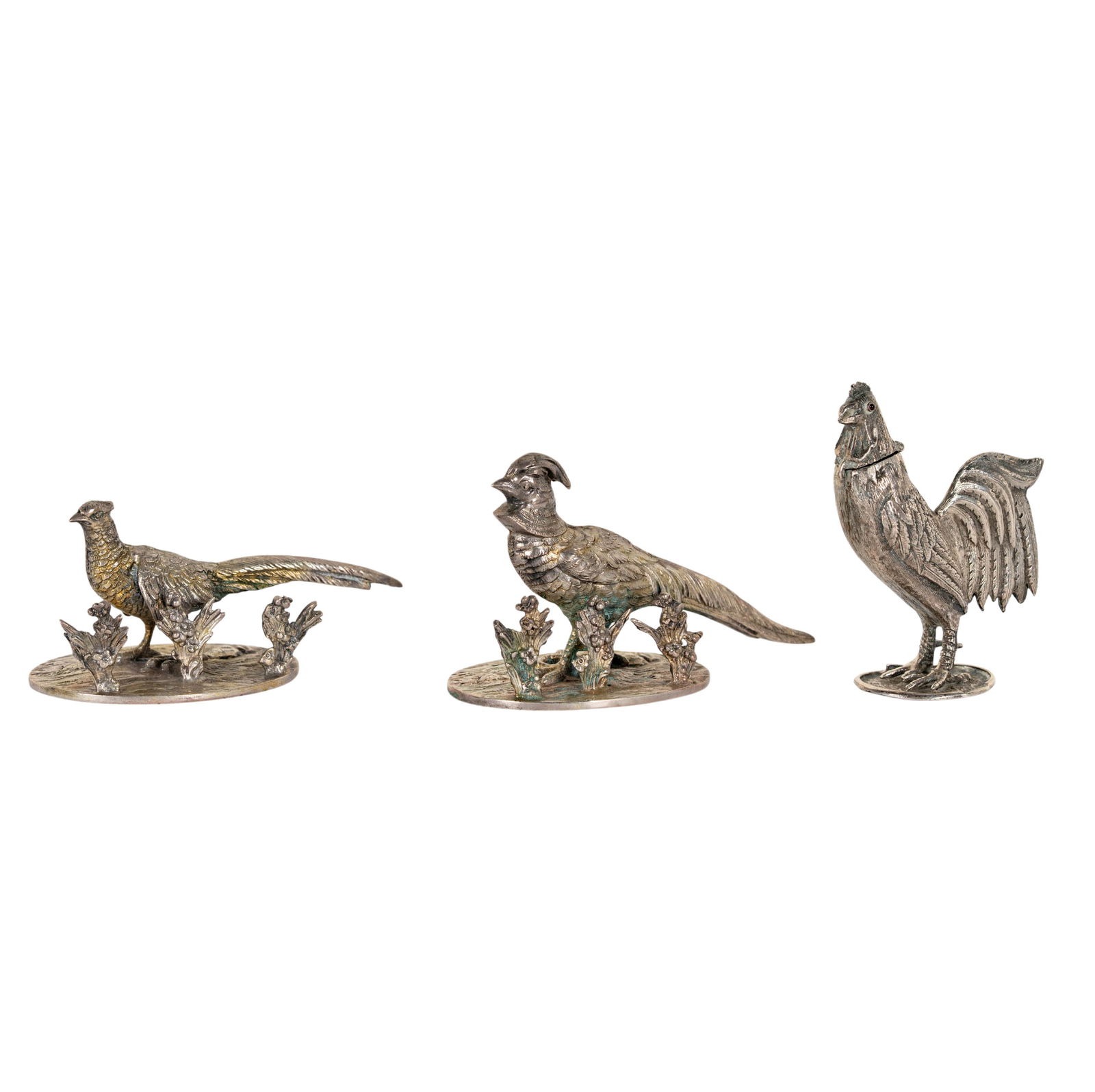 Two German .800 Silver Pheasant Figures: each with maker's mark of Ludwig Neresheimer, Hanau, crown and crescent mark, ".800" and "Germany" (Approximately 96 grams total, 2 in. high and 1 1/2 in. high); together with a rooster with hinged he