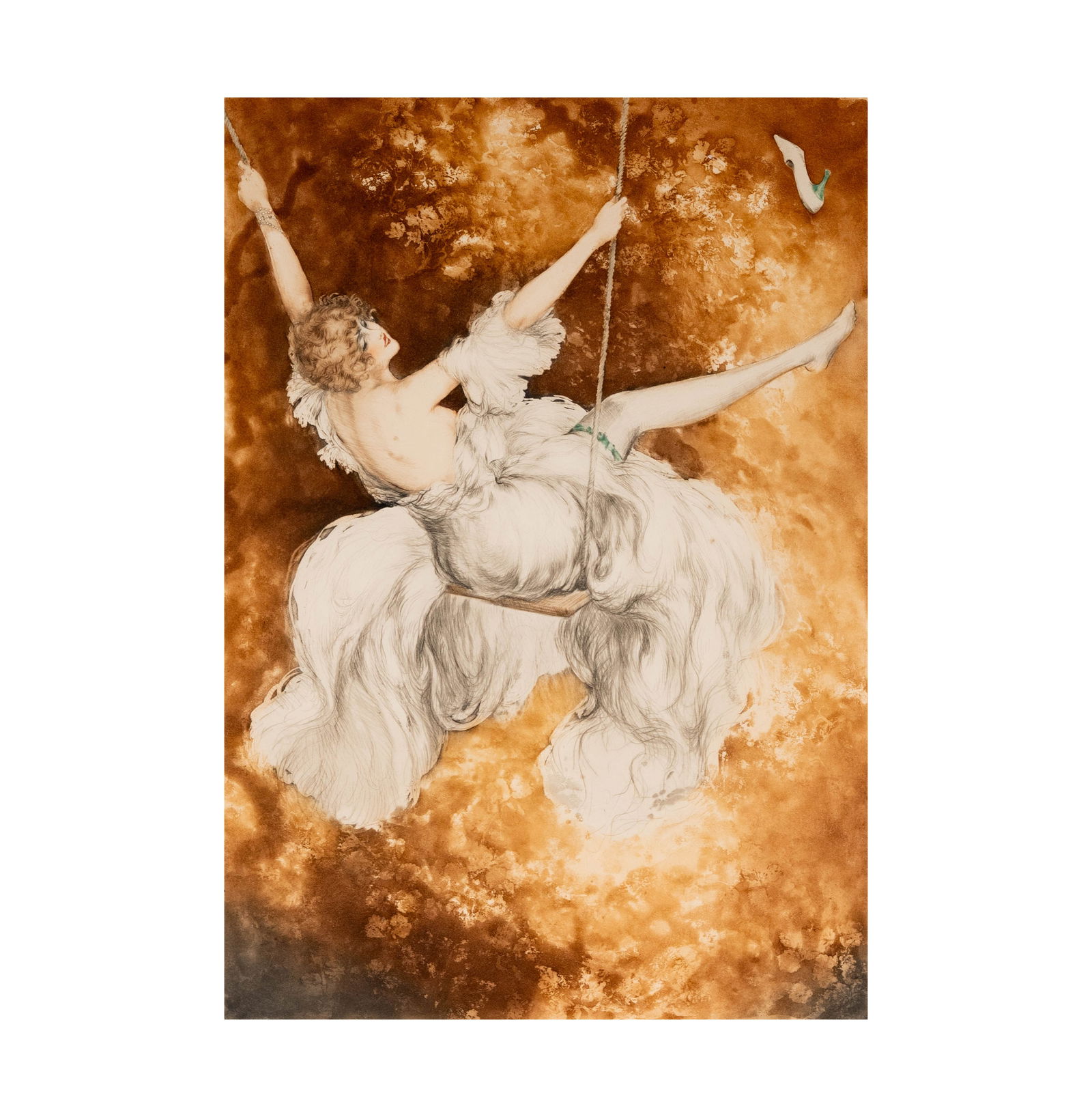 Louis Icart, 1888-1950, The Swing: etching, drypoint, aquatint 1928; signed in pencil lower right, windmill blindstamp lower left, printed copyright upper left Sight: 20 3/4 x 14 3/4 in. (52.7 x 37.5 cm.) Frame: 31 x 25 in. (78.7 x 63.