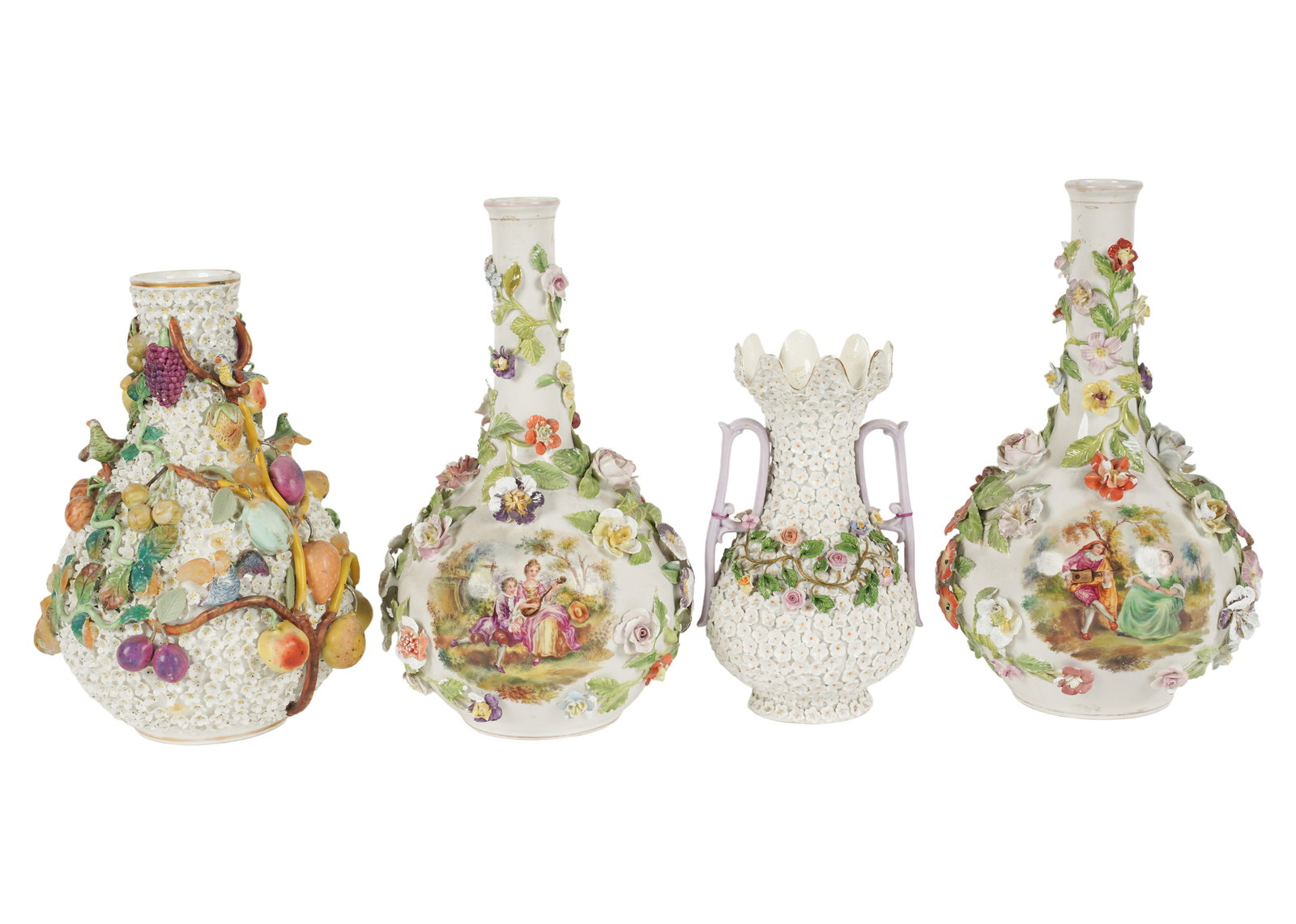 A Group of Four Porcelain Vases: comprising one with schneeballen modeled with fruiting branches and birds; one schneeballen modeled with a floral garland, with blue printed anchor mark 8 1/2 in. (21.6 cm.) high; and a pair painted
