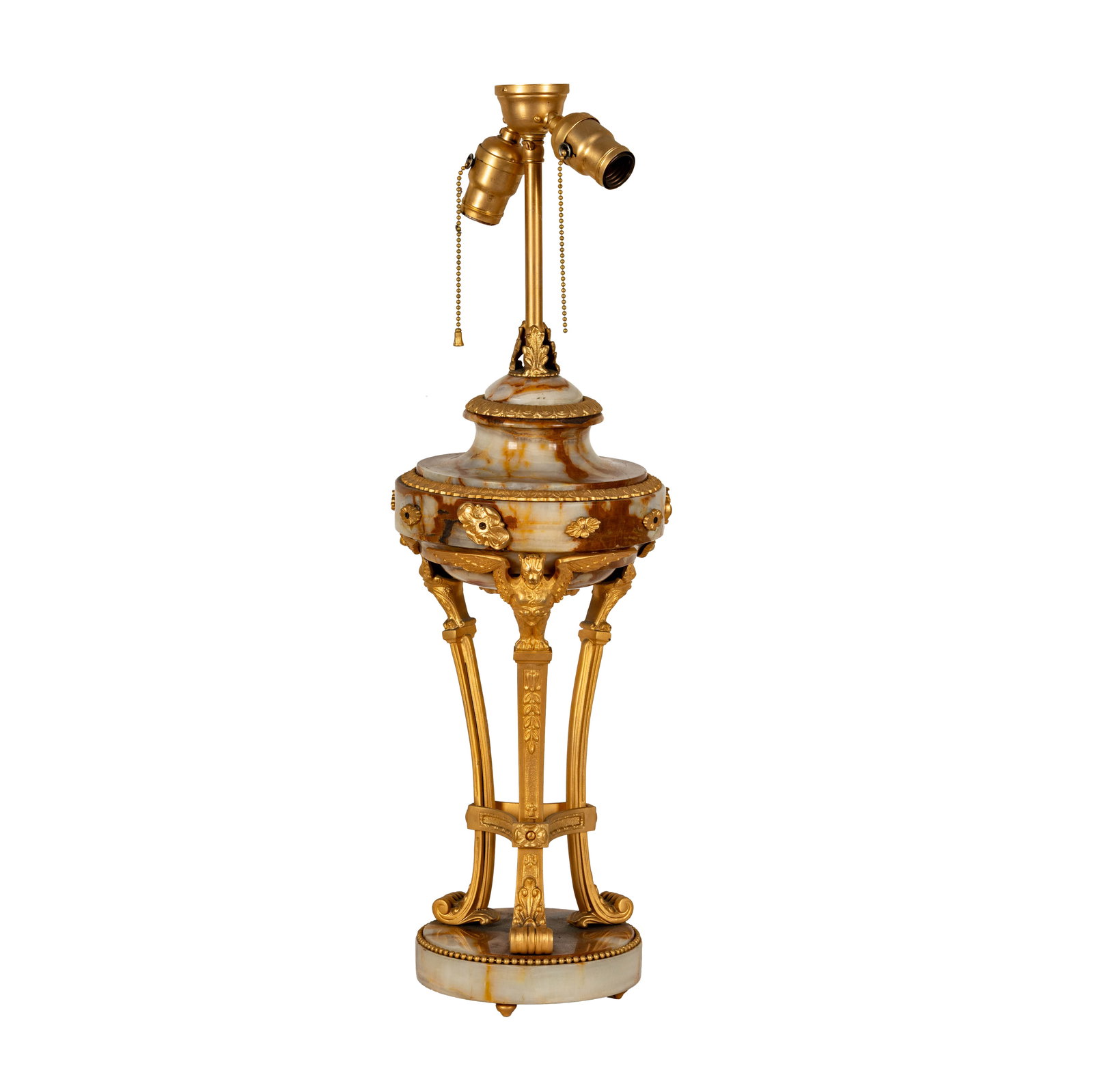 A French Gilt Bronze and Onyx Lamp: cast as an Athenienne; with two sockets 28 x 8 1/2 in. (71.1 x 21.6 cm.)