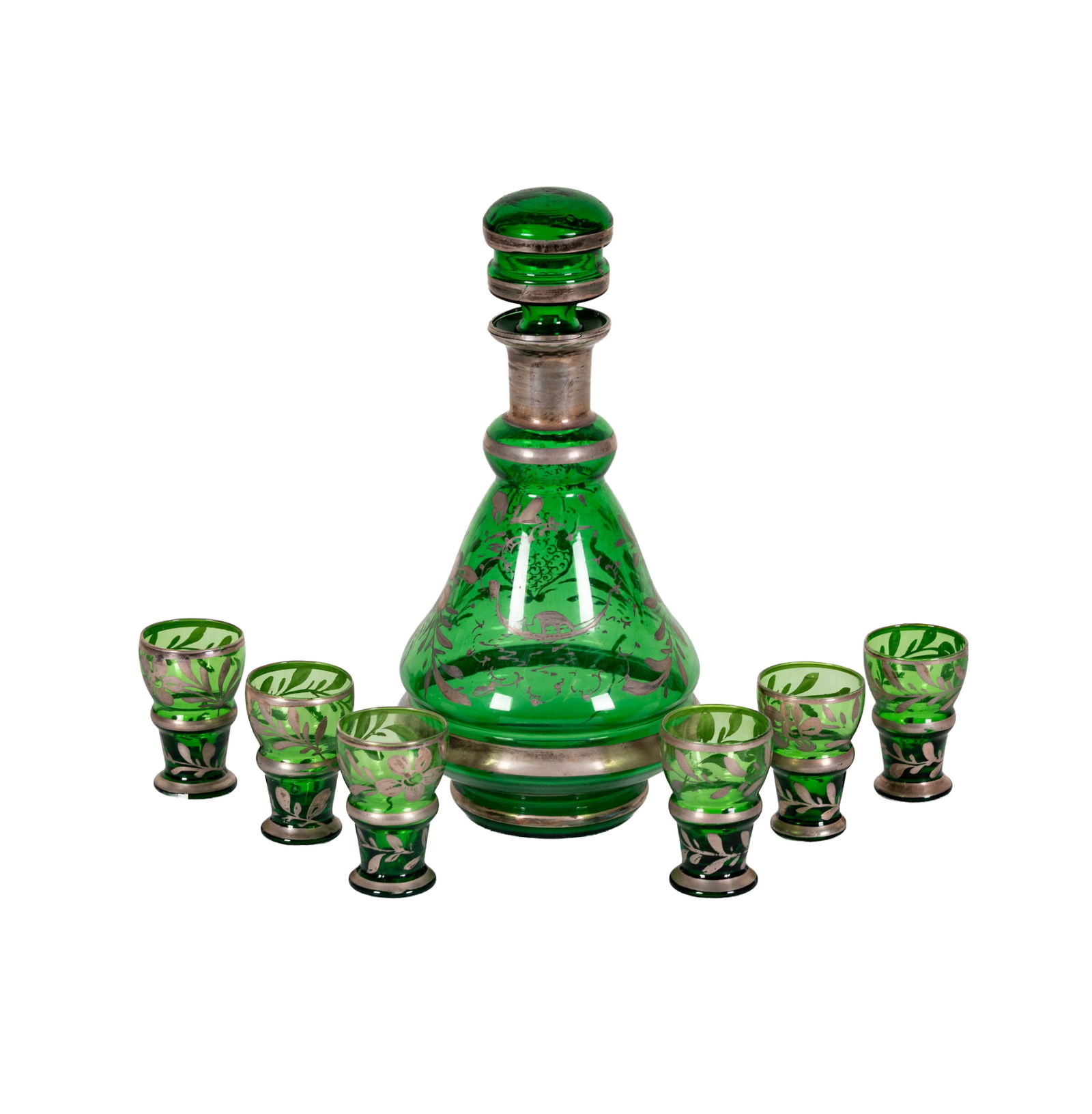 A Silver Overlay and Green Glass Decanter and Six Glasses (1 of 10)