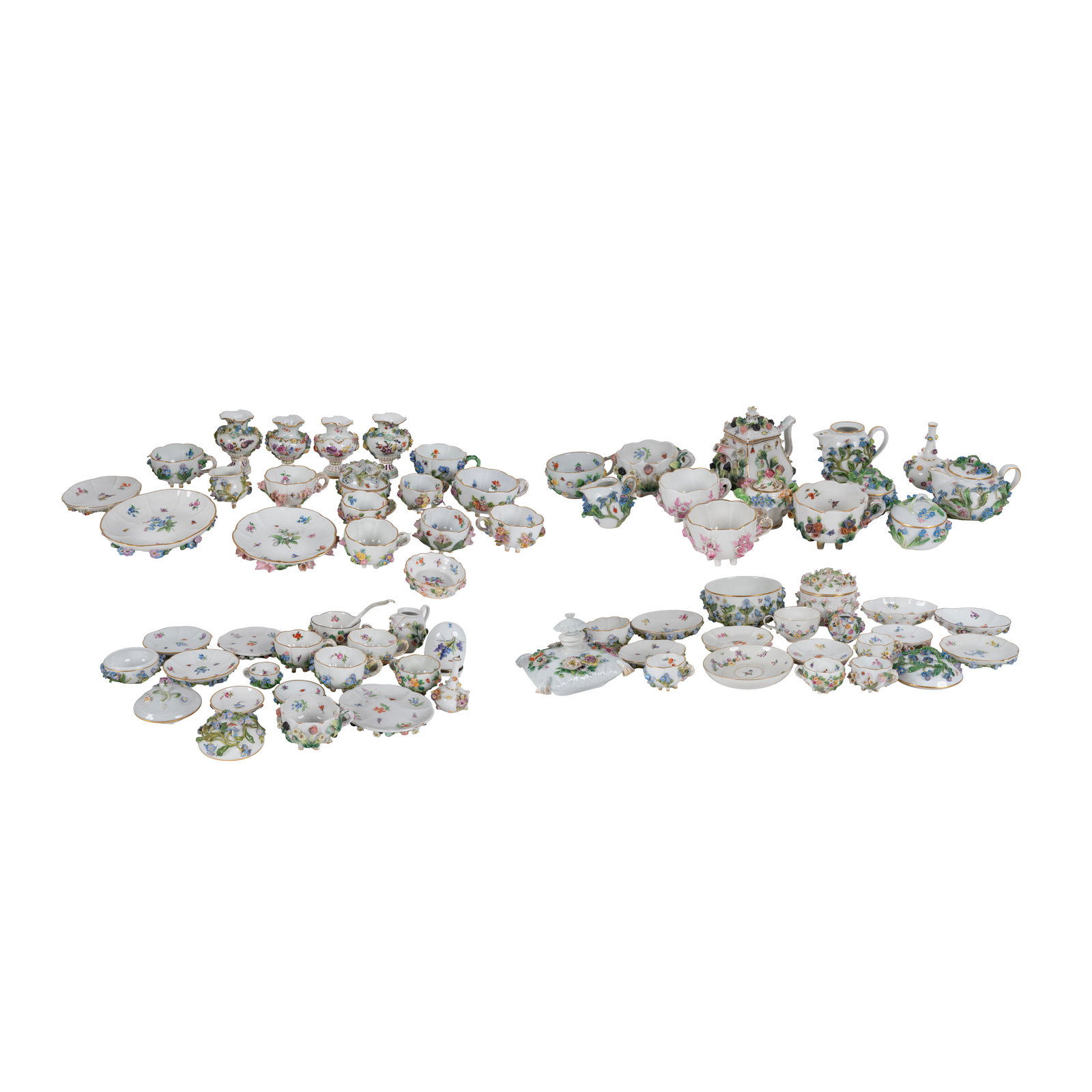 A Group of German Porcelain Dishes: most with Meissen-style blue crossed swords mark Largest bowl: 3 x 6 in.; Approximately 55 pieces