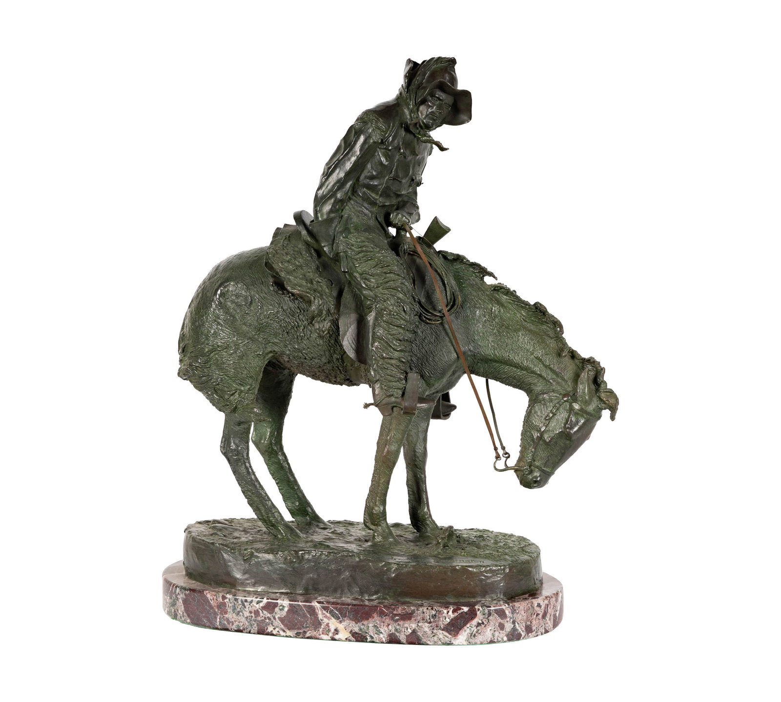 After Frederic Remington, Norther: bronze with green patina, on marble plinth;; ed. 4/100; inscribed in casting "Frederic Remington" and with Western Founders seal, published by Collector's West, Inc. and with their copyright dated 198