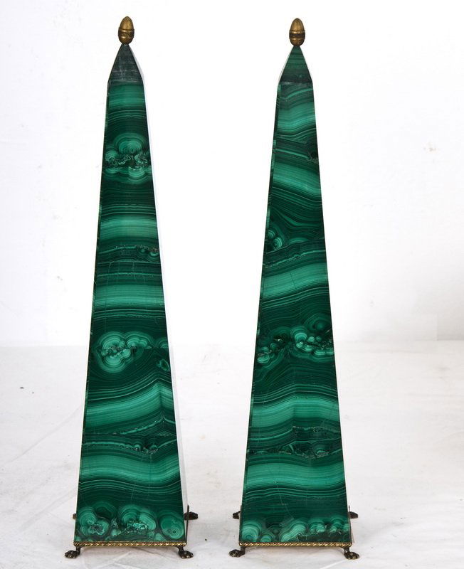 PAIR OF MALACHITE OBELISKS: each with bronze feet and finial 16 inches high