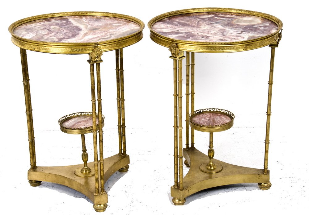 PAIR OF DORE BRONZE AND MARBLE OCCASIONAL TABLES: each with a rouge marble top above a cast frame with bamboo style tripod supports 20 inches diameter; 27 1/2 inches high