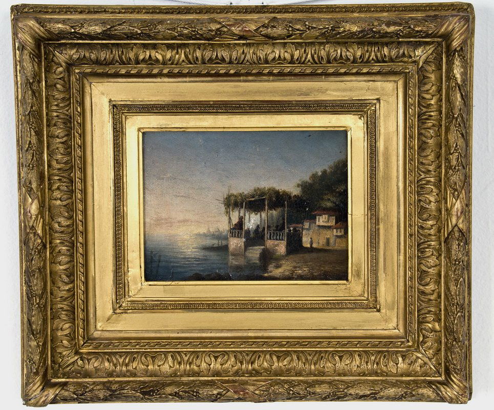 ATTRIBUTED TO GUDIN: "A TERRACE ON THE BOSPHORUS": oil on canvas Provenance: Charles X, King of France, Comte de Chambord (according to the wax seal on the reverse) Christie's--London: Quai d'Orsay, Paris - An Apartment by Jacques Grange: November 19,