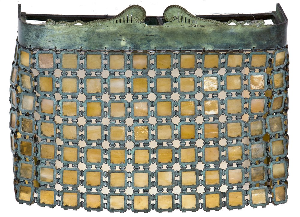 TIFFANY STUDIOS BRONZE & FAVRILE CHAIN MAIL SCONCE: with a Chippendale style frame Provenance: Estate of David Copley, La Jolla Condition: with one link missing on side 11 inches wide; 8 1/4 inches high