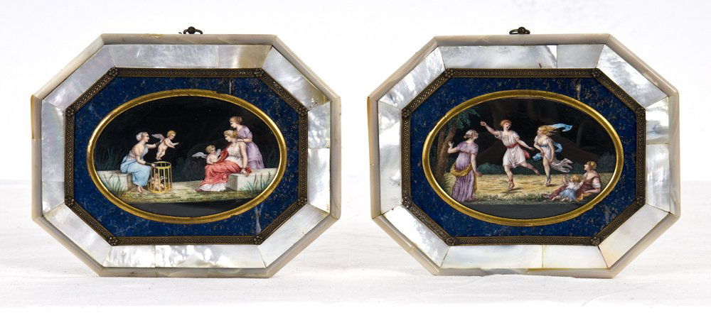 PAIR OF ITALAIN NEOCLASSICAL FIGURAL PAINTINGS: each framed in a lapis lazuli and shell octagonal frame Provenance: Sotheby's--New York: April 5, 2001, The Collection of Gianni Versace [Lot 171] Estate of David Copley, La Jolla 4 3/4 x 6 inches