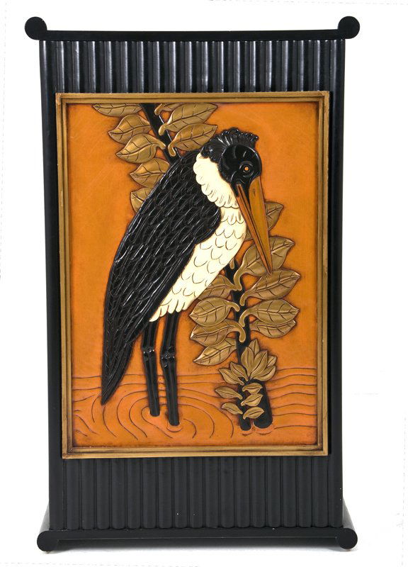 ART DECO EBONIZED & LACQUERED CABINET: with a gilt and decorated door depicting a stork Provenance: Estate of David Copley, La Jolla 26 inches wide; 14 inches deep; 43 inches high
