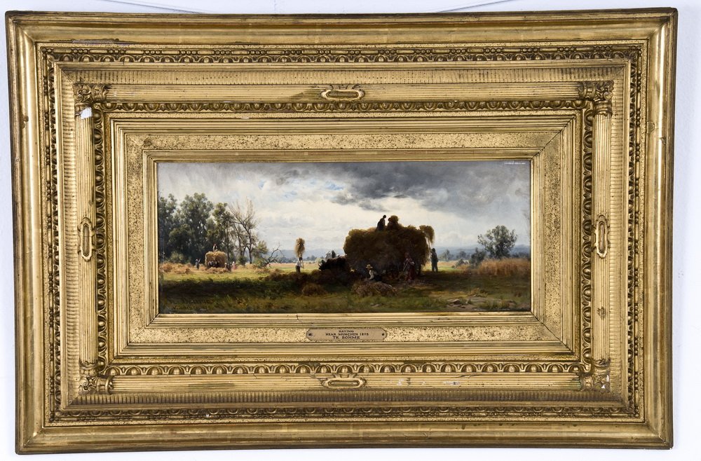 THOMAS BOHME: "HAYING NEAR MUNCHEN": circa 1875 oil on panel signed and dated lower left Provenance: Estate of David Copley, La Jolla 7 x 17 inches