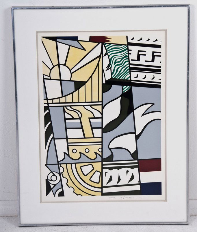 ROY LICHTENSTEIN: "BICENTENNIAL PRINT": circa 1975 lithograph and silkscreen in color Signed, dated, and numbered 76/200 lithograph and silkscreen printed in colors from the portfolio "America, The Third Century" Condition: colors fades fro