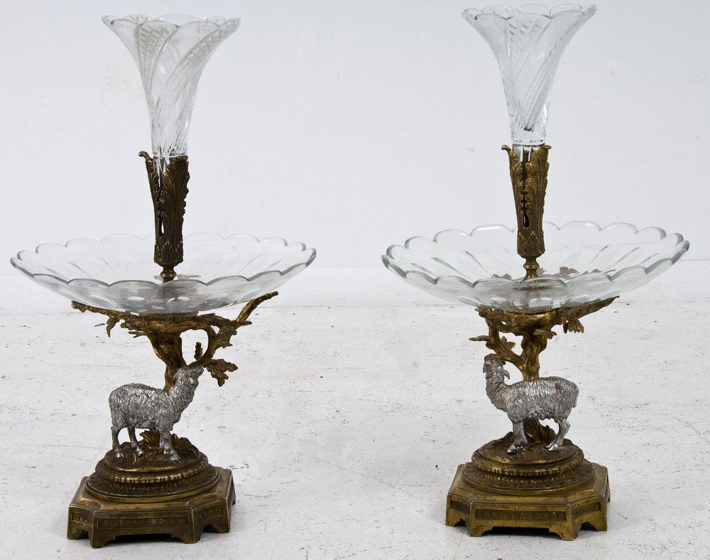 PAIR OF DORE BRZ & SILVERED METAL CUT CRYSTAL EPERGNES: each with a fluted vase above a dish and a base of a silvered ram beside a tree-form stem in a neoclassic base 20 inches high