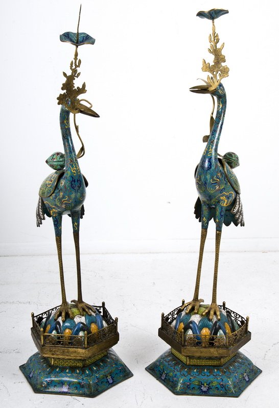 PR OF CHINESE CLOIS. ENAMEL CRANE FORM INCENSE BURNERS: each shown perched on rockwork, the removable wings forming a cover for the hollow body, brightly enameled and with white and black tail feathers Provenance: Sotheby's-- New York: September, 8, 2005 [