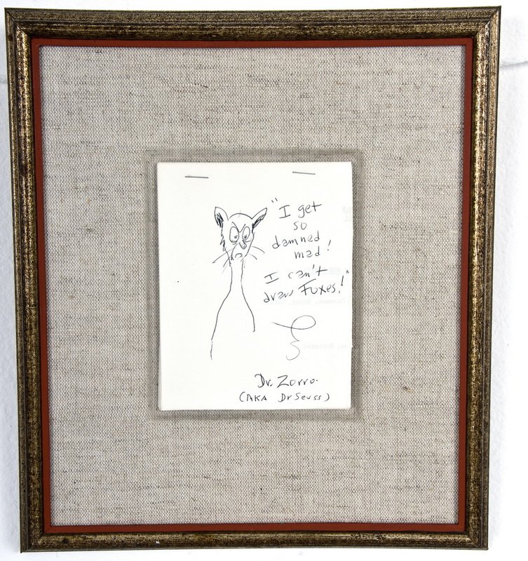 THEODORE SEUSS GEISEL (DR. SEUSS): "DRAWING OF A FOX": pen on a pad of paper inscribed "I get so damned mad! I can't draw foxes! Dr. Zorro (AKA Dr. Seuss) Provenance: Estate of David Copley, La Jolla 5 1/2 x 4 1/4 inches