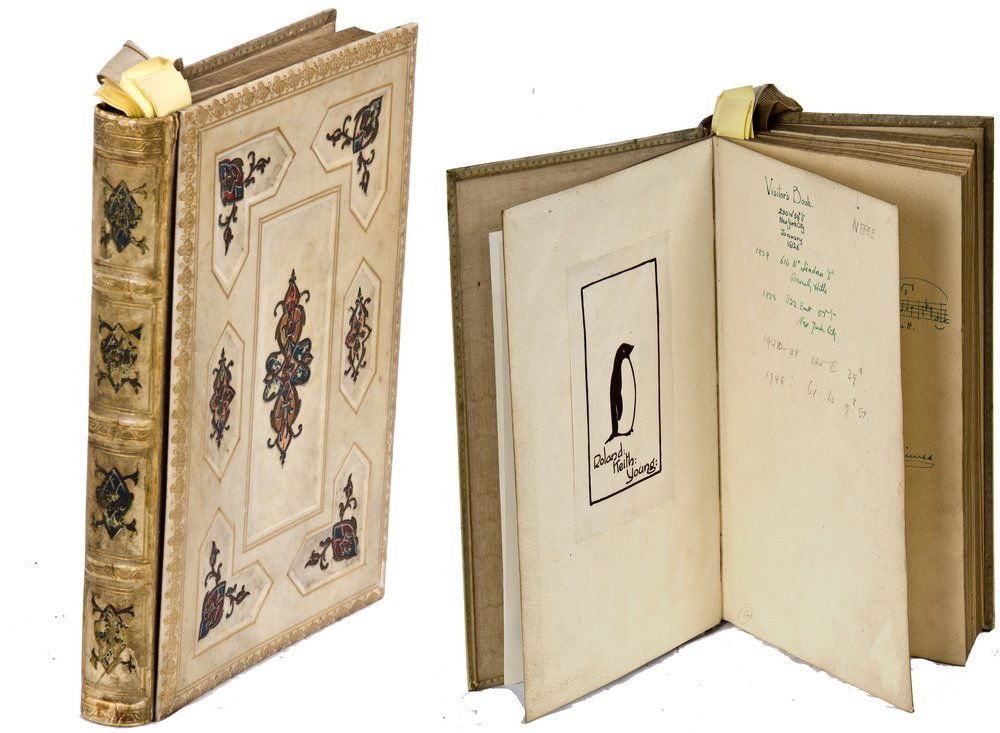 ROLAND KEITH YOUNG VISITOR'S BOOK: including signatures, drawings, and musical scores from Basil Rathbone, Theodore Dreiser, John Barrymore, Noel Coward, Jack Gilbert, P.G. Wodehouse, Roland Colman, Fred Astaire, Paul Robeson, James Ca