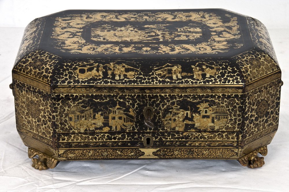 CHINOISERIE PAPER MACHE & LACQUERED SEWING BOX