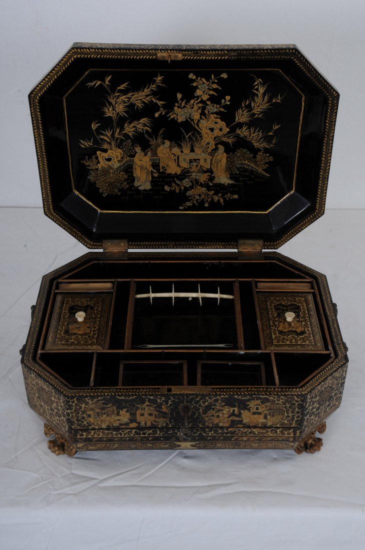 CHINOISERIE PAPER MACHE & LACQUERED SEWING BOX - 2