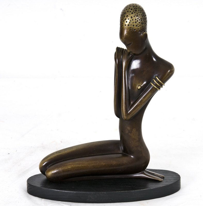 HAGENAUER BRONZE FIGURE OF A KNEELING NUDE: on a shaped wood plinth stamped on base Provenance: Estate of David Copley, La Jolla 10 inches high