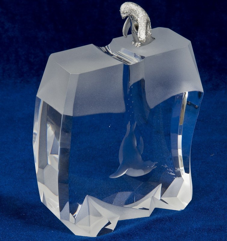 STEUBEN "ICE PENGUIN" SCULPTURE: glass and sterling designed by James Houston Provenance: Estate of David Copley, La Jolla 4 1/2 inches high
