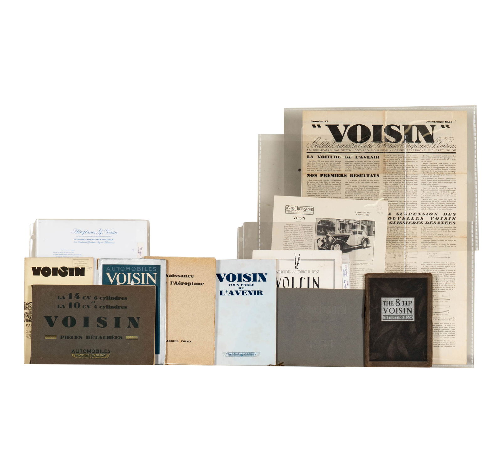 Group of Voisin Brochures and Assorted Items: including: La 14 CV 6 Cylindres et La 10 CV 4 Cylindres, The 8HP Voisin - Instruction Book, an advertisement, a newsletter, a blank letter with Aeroplaned G. Voisin letterhead, etc., 11 total items