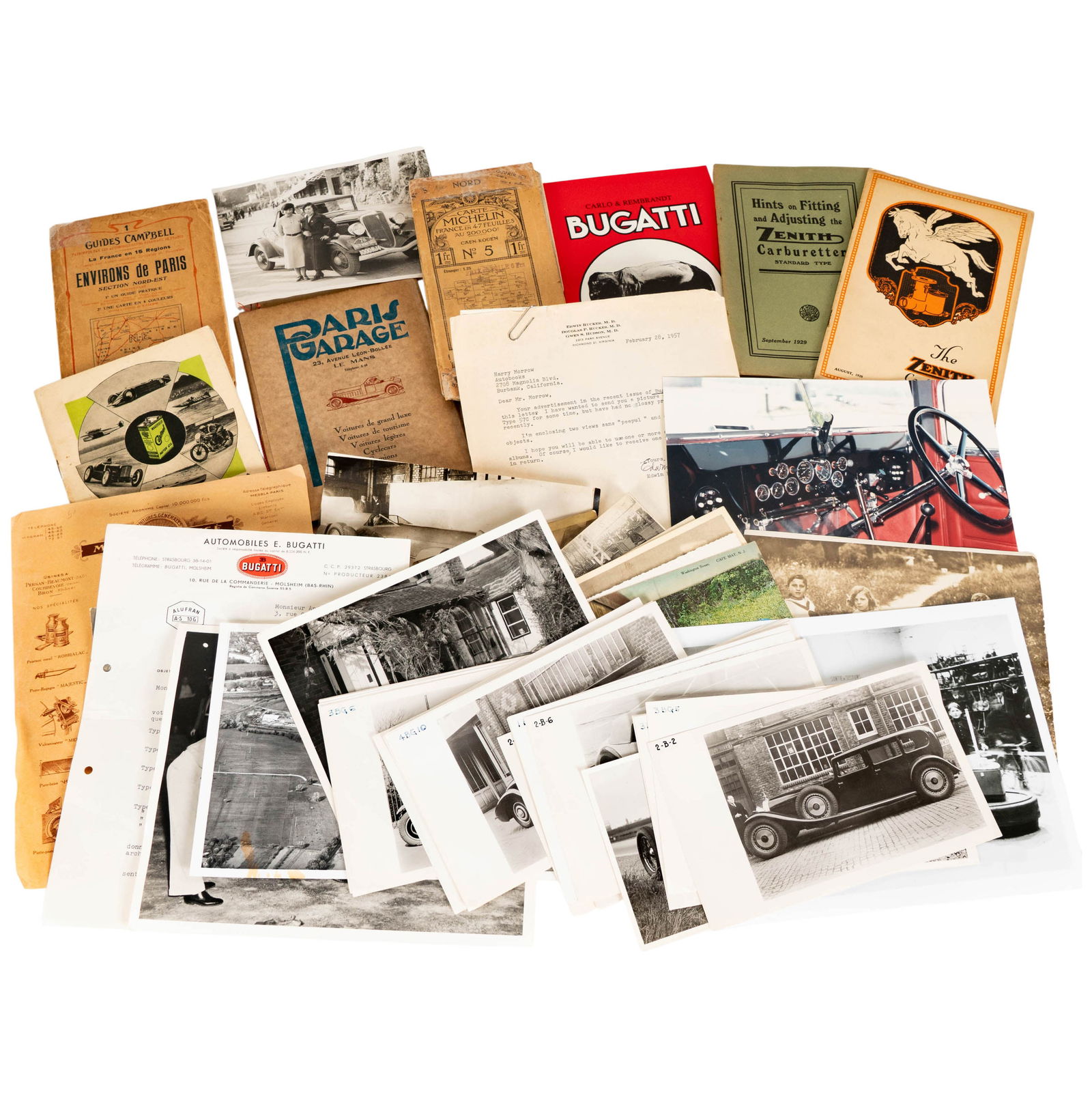 Large Group of Photos, Pamphlets and Letters: group of assorted paper automotive memorabilia, etc., including many referencing Bugatti, Approximately 40 total items