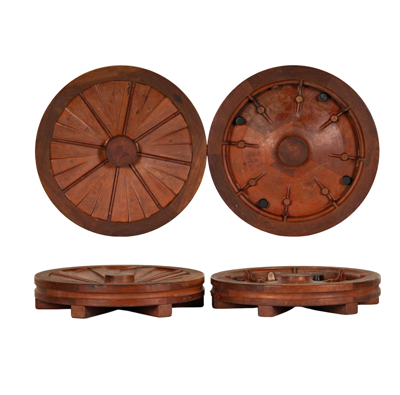 Two Wood Bugatti Wheel Model Molds: Two assorted wheel styles, Each: 22.5 x 4.5 in. 