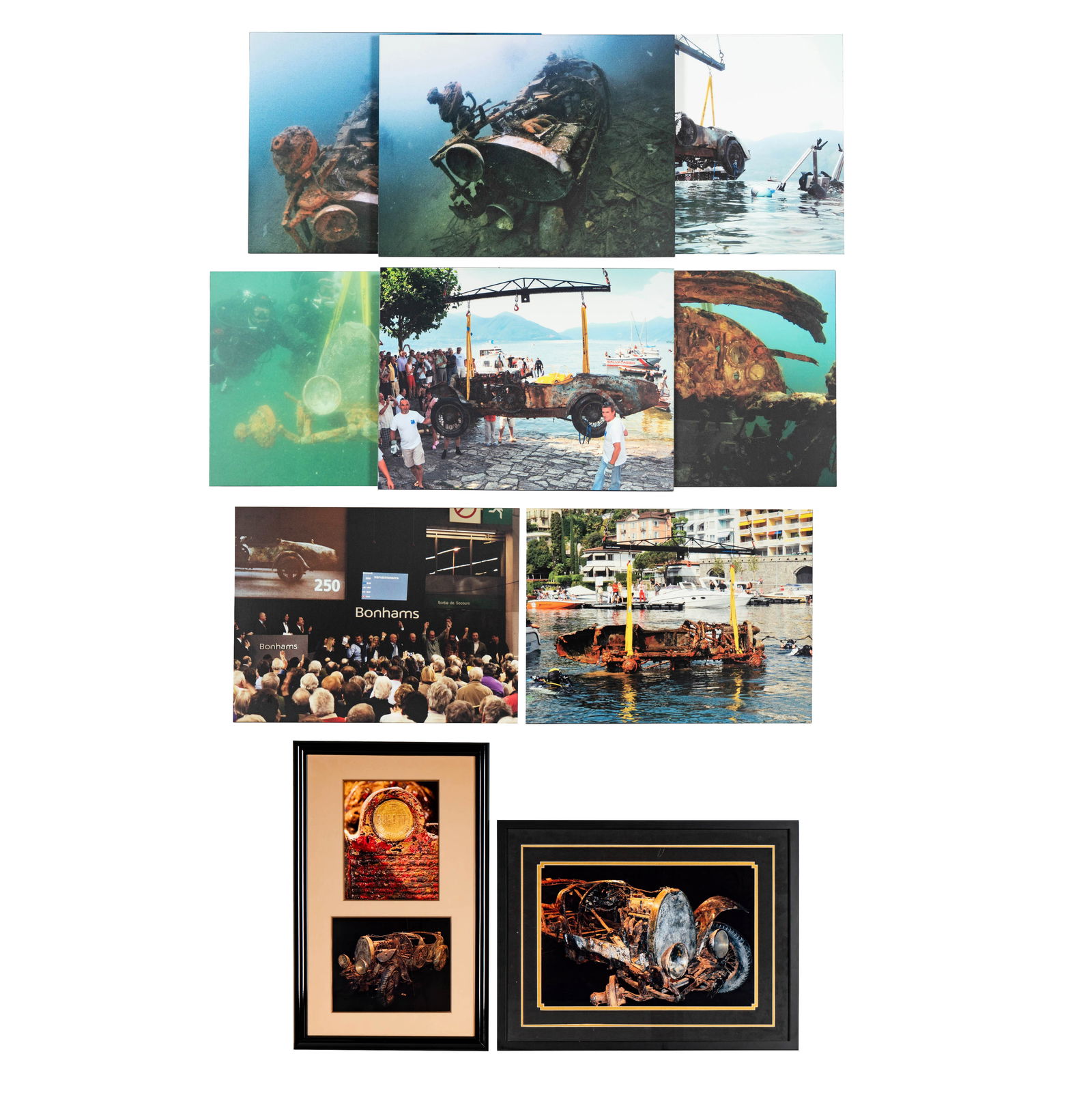 Group of Posters and Prints from the Bugatti Brescia Lago Maggiore Exhibit: including two framed photographs collages, one with a label for Charles Fawcett, and eight foam poster boards for the Mullin automotive Museum's exhibit, The poster boards: 18 x 24 in. 