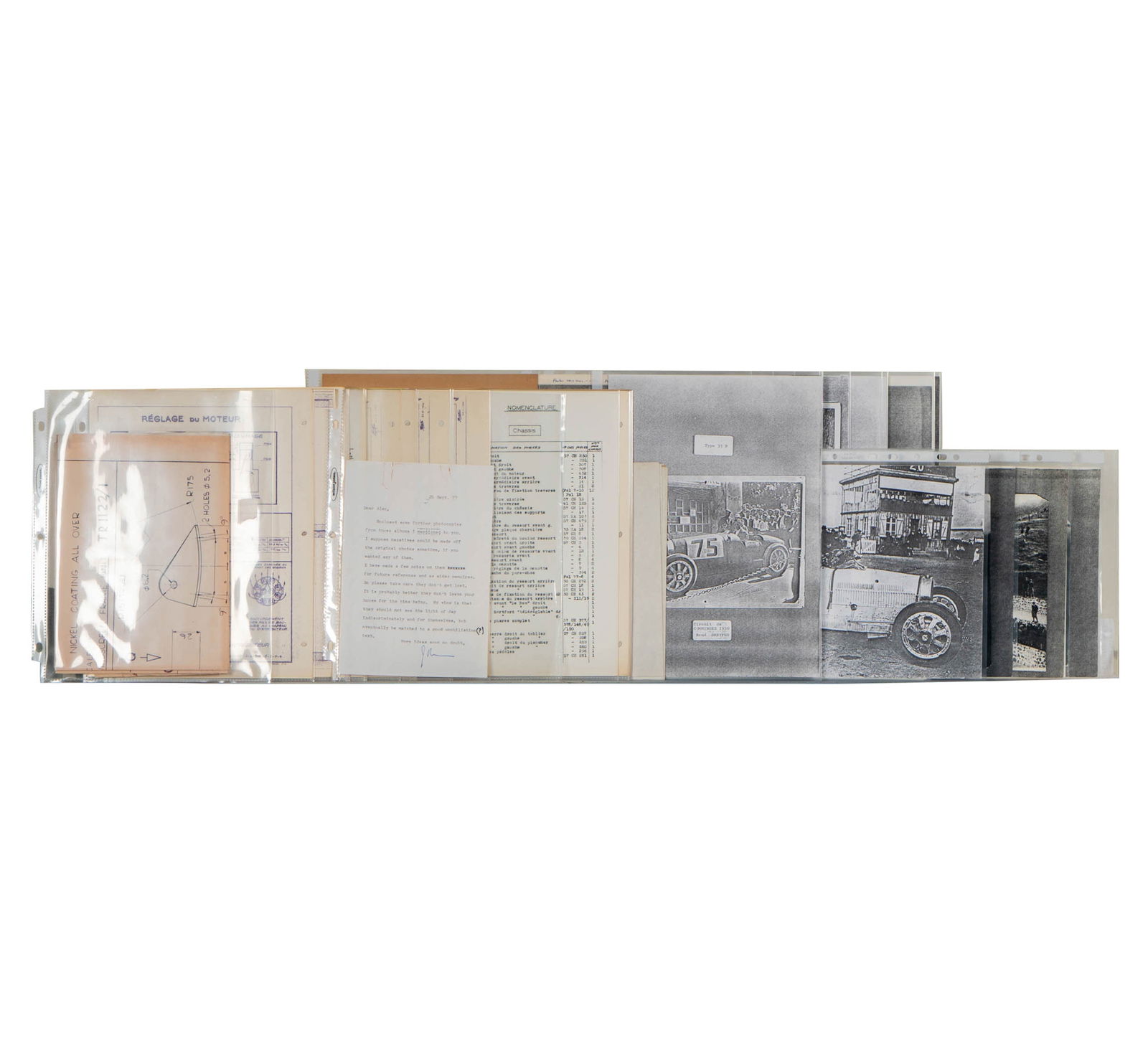 Binder of Bugatti Drawings, Manuals and Ephemera from Keoshian Collection: including a T57 manual and approximately 40 pages of schematic drawings, The Binder: 13.5 x 12 x 2.5 in. 