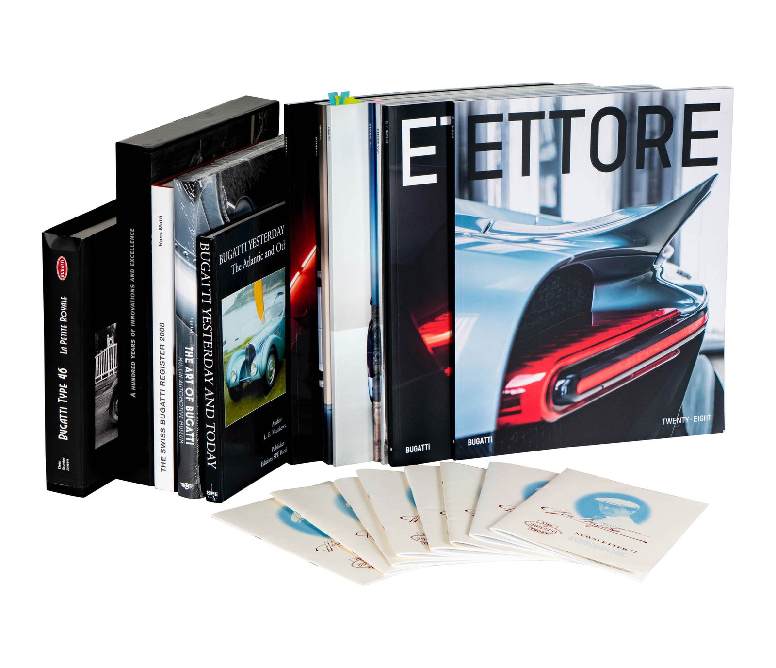 Group of Assorted Bugatti Books and Ettore Magazines: eight volumes of Ettore magazine and five assorted Bugatti related books