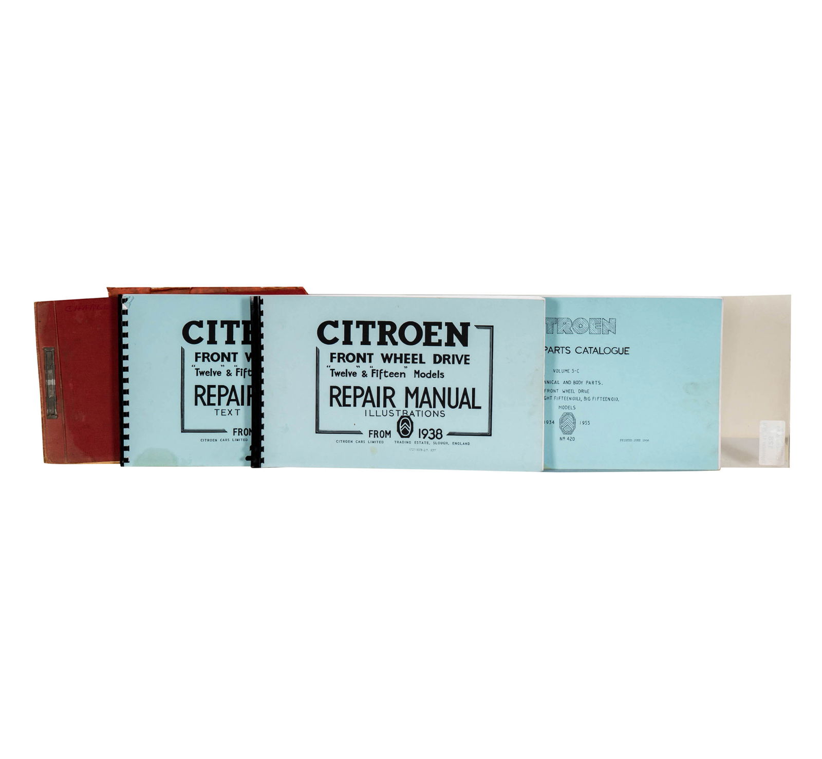 Group of Citroen Manuals: including a Front Wheel Drive "Twelve" & "Fifteen" Models Repair Manual 1938-1950, a Spare parts Catalogue Models 1934/1955, etc., 4 items total