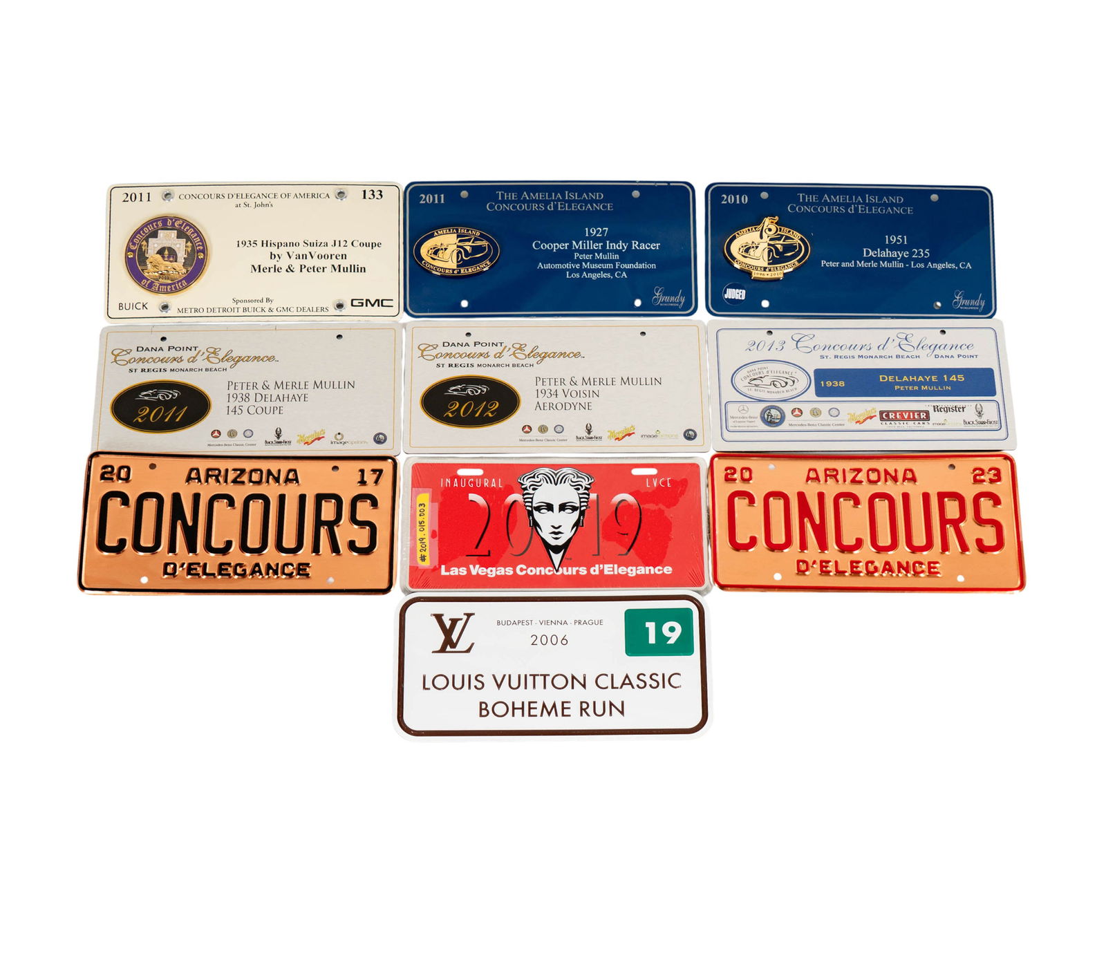 Ten Commemorative Concours License Plates: assorted car show events, average size: 6 x 12 inches 