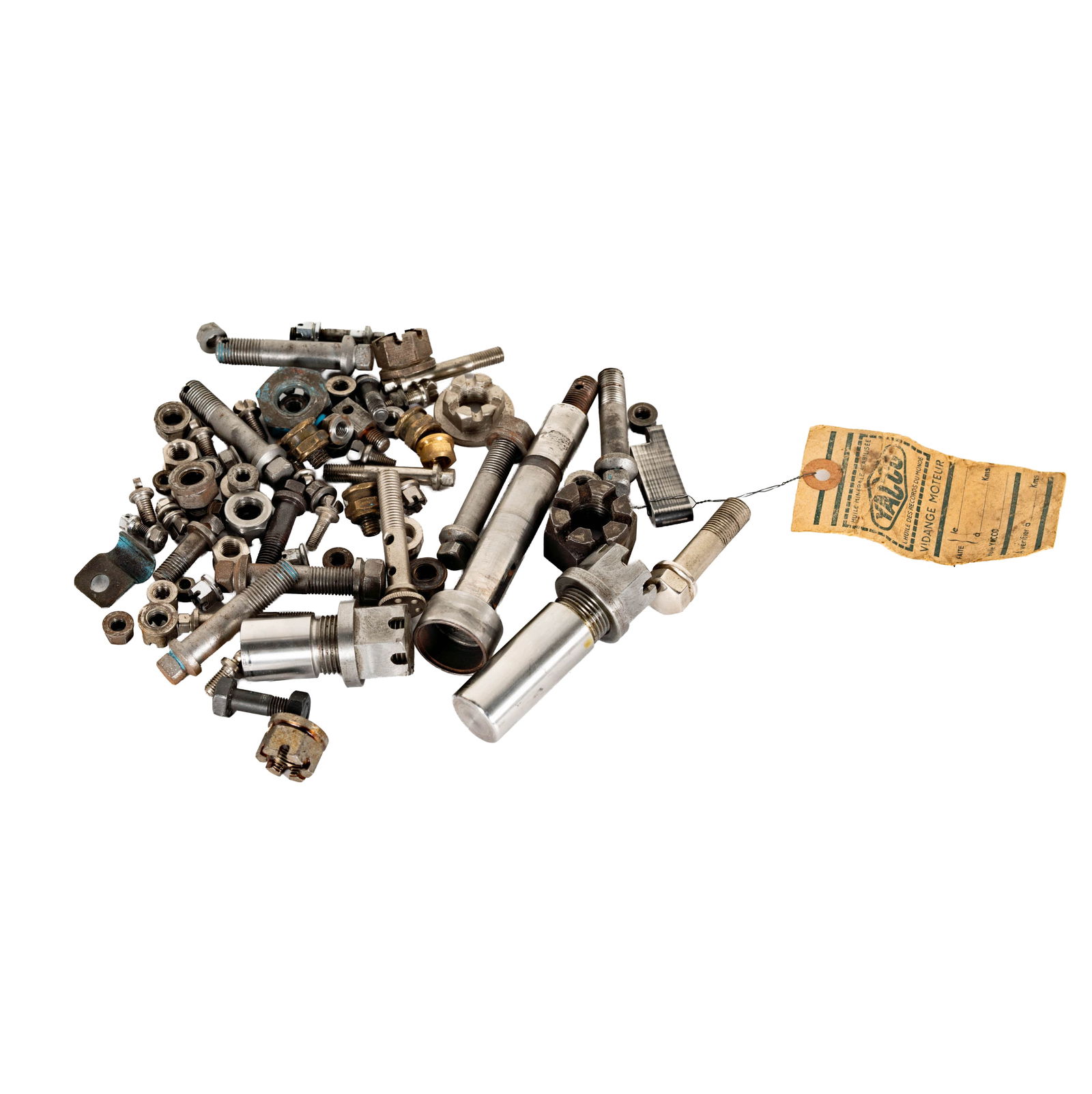 Group of Vintage Bugatti Style Nuts and Bolts: in a wood cigar box with hand written label: "EB Nuts and Bolts", some with written inventory numbers etched into part, The box: 1.25 x 8.5 x 8.75 in.