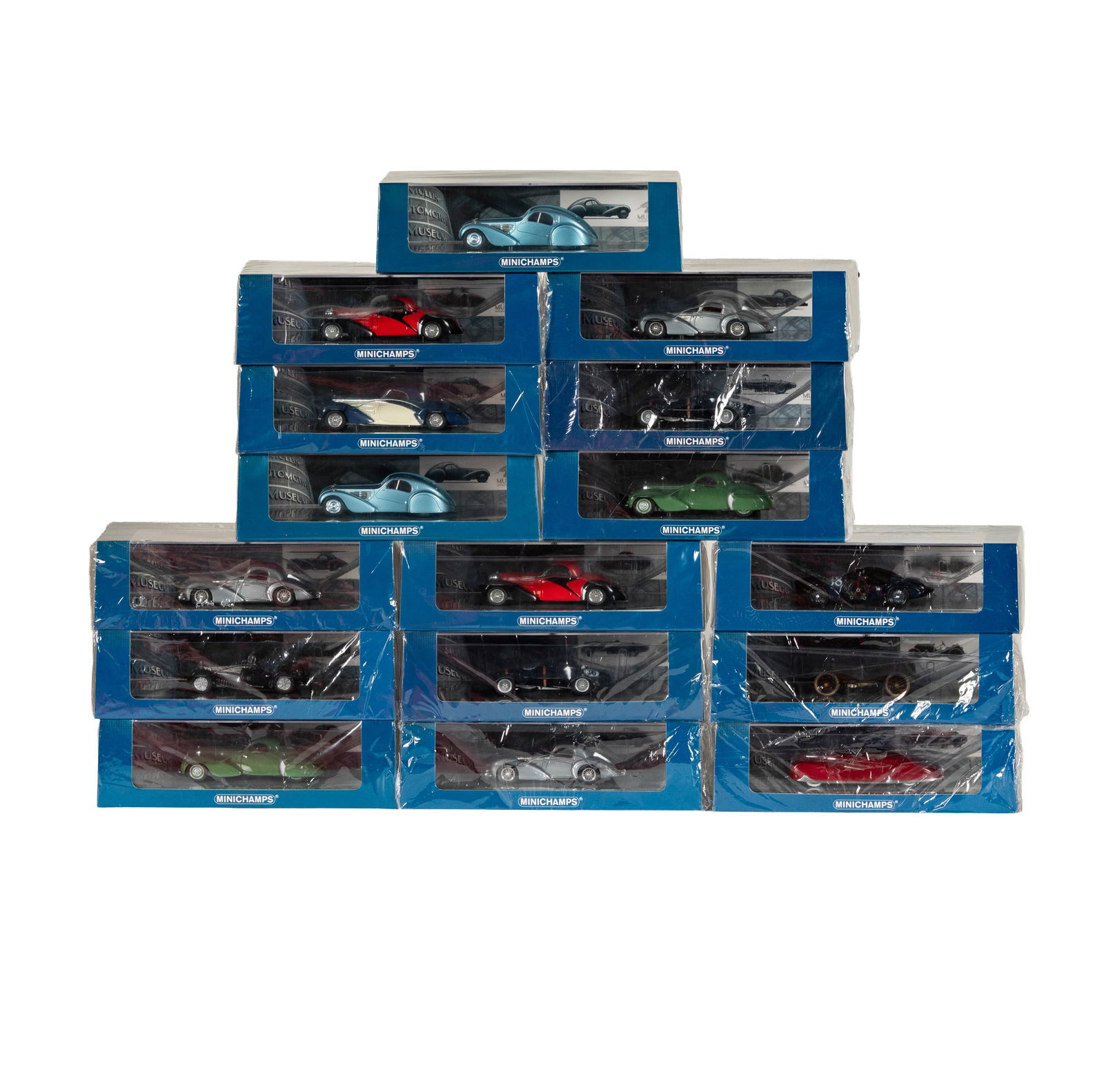 16 Mullin Automotive Museum Minichamps Scale Car Models: each a 1:43 scale model, assorted models made for the Mullin Automotive Museum's car collection, Minichamps is a part of Paul's Model Art, Made in Germany, Each Box: 2.75 x 9 x 5.5 i