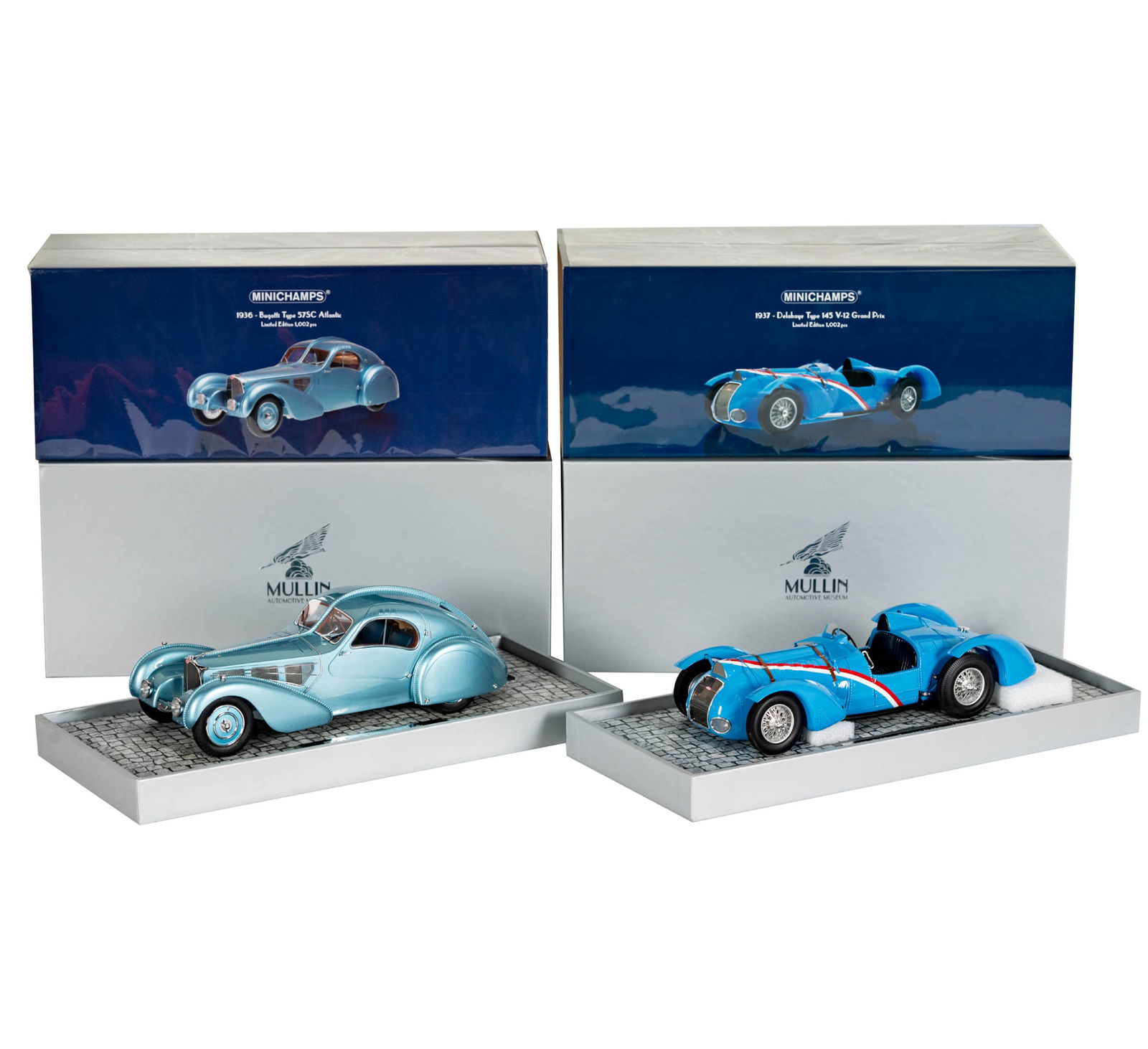 Two Limited Edition Minichamps Car Models Bugatti and Delahaye: each a 1:18 scale model made for the Mullin Automotive Museum, each a limited edition of 1,0002 pieces, including the 1936 Bugatti Type 57SC Atlantic and the 1937 Delahaye Type 145 V-12 Grand Prix, Mi