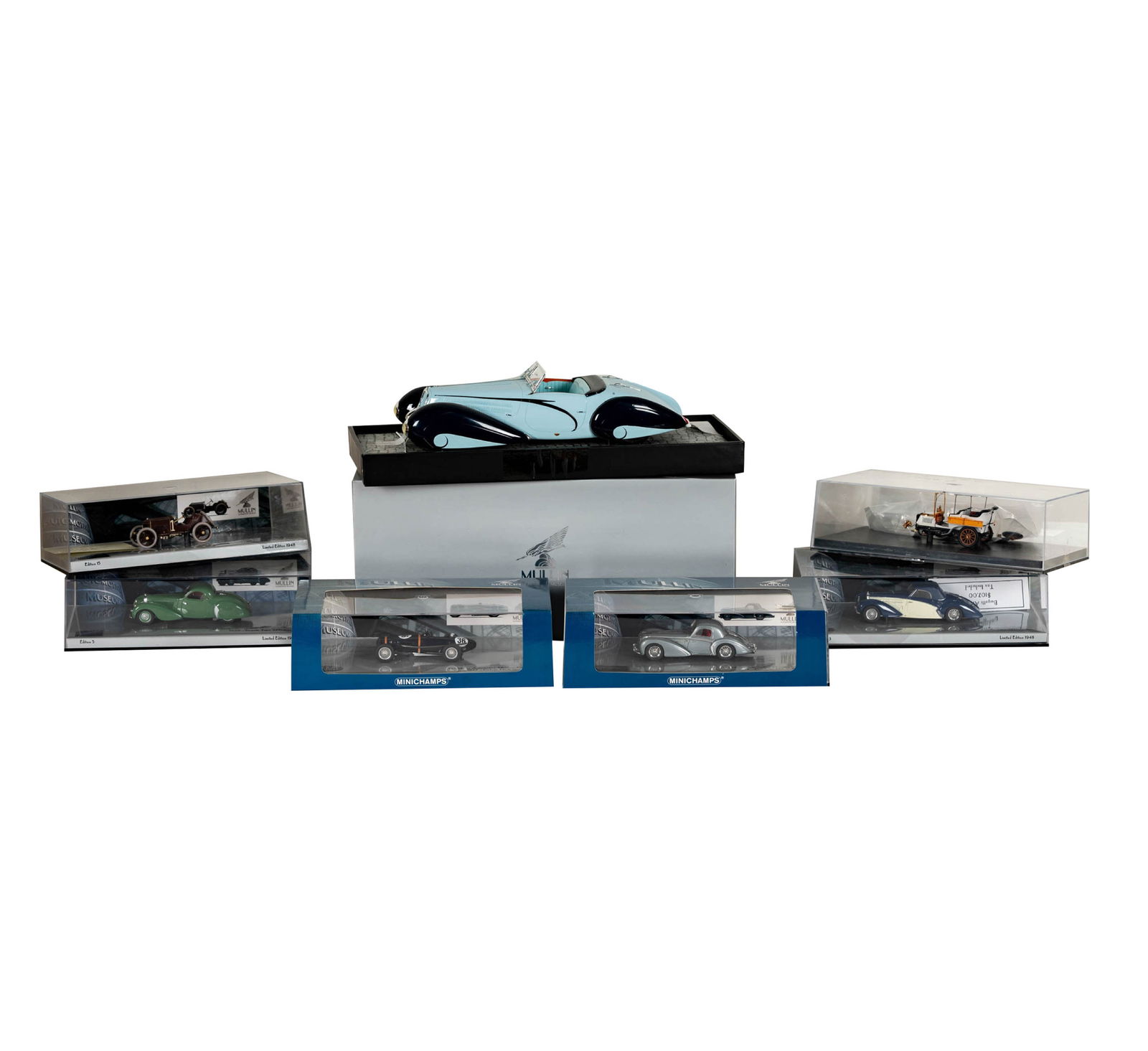 Seven Minichamps Prototypes/Samples: each a model or sample version of the car the museum eventually had produced for the collection, including six 1:43 scale models and one 1:18 model, The larger 1:18 model: 5 x 13.75 x 6 in.