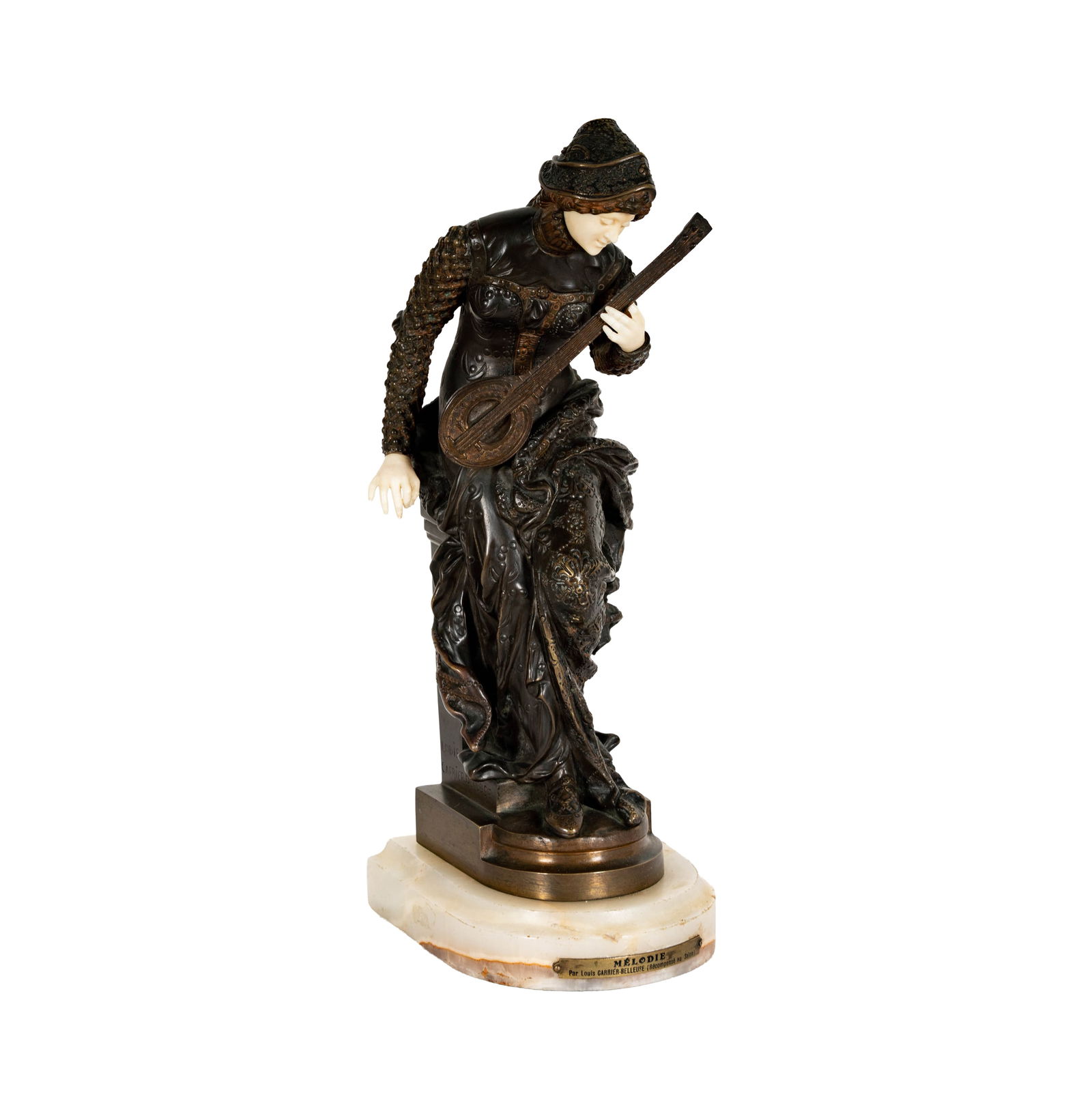 Louis Carrier-Belleuse: "Melodie": signed to lower base of bronze, also with foundry stamp to back of sculpture, 12.5 x 4.5 x 5.5 in.