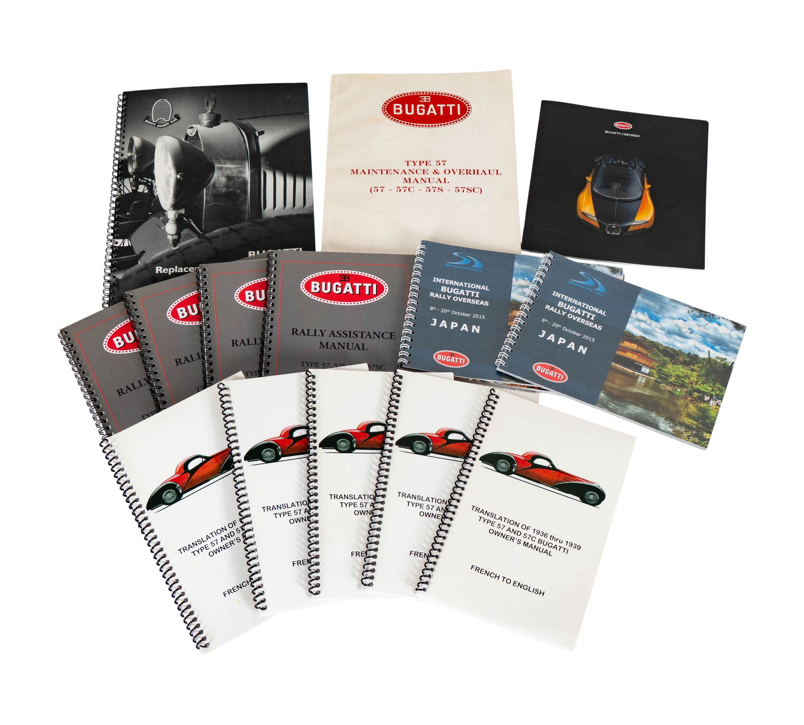 Group of Contemporary Bugatti Manuals and Pamphlets: 14 total items, including four duplicate copies of the Translation of 1936 thru 1939 Type 57 and 57C Bugatti Owner's Manuals, etc. 