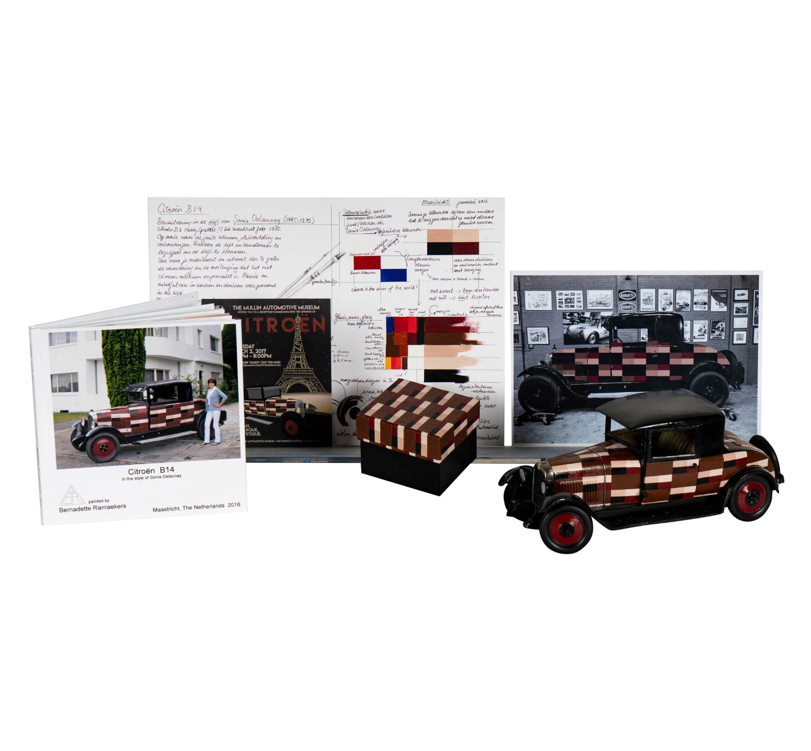 Painted Citroen B14 After Sonia Delauney Model: including, car model, box with paints, painter's study, and a book, signed by Bernadette Ramaekers to the underside of the box and the car, The Car: 4.5 x 12.5 x 4.5 in.