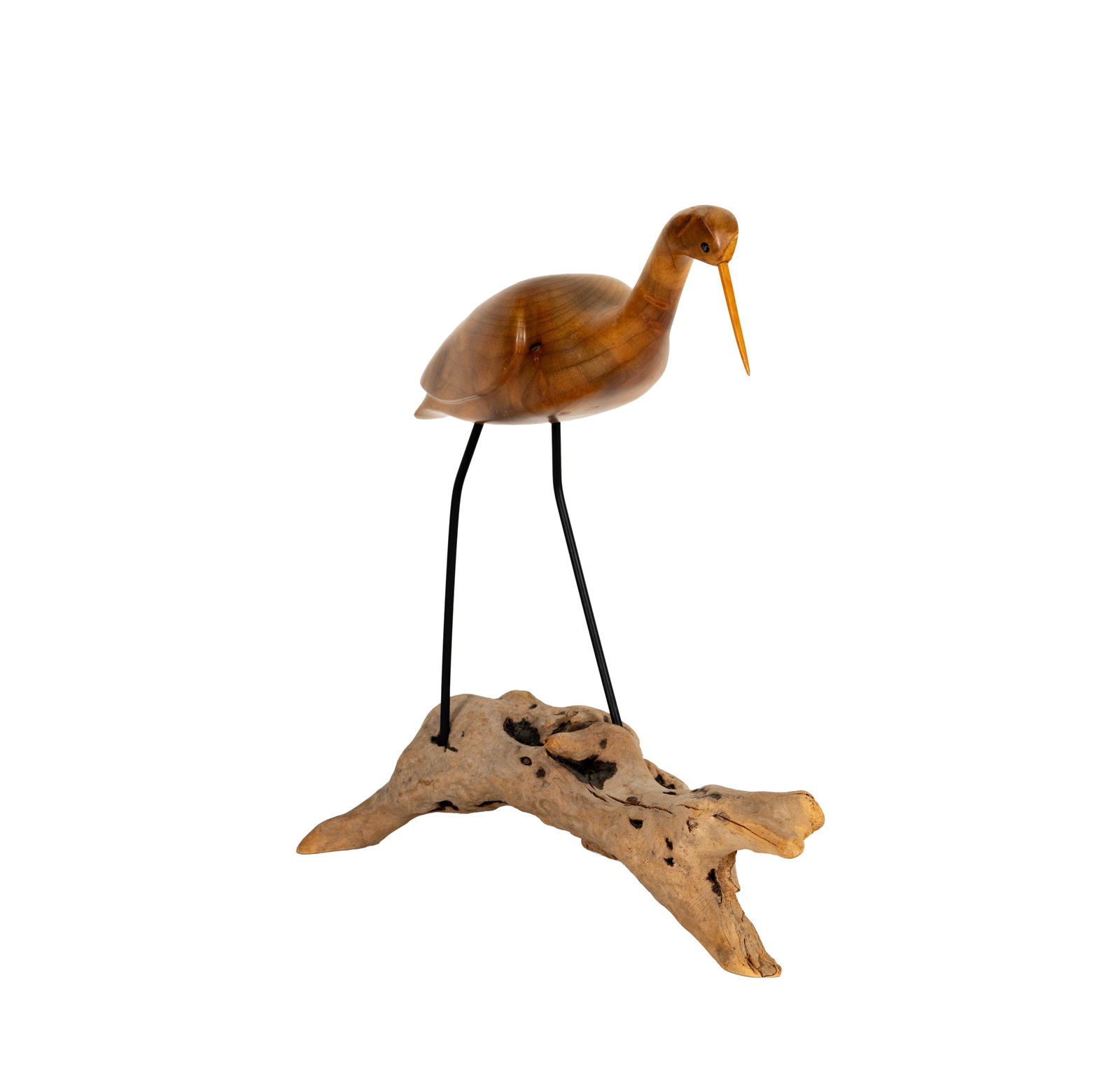 John Bennett Carved Egret Myrtlewood: signed to underside, 14 x 7.5 x 12.5 in.