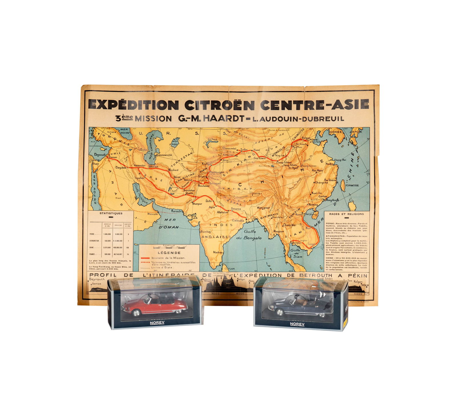 Two Norev Citroen Models and Expedition Citroen Map: DS 19 Cabriolet and DS 21 Cabriolet models, the worn map for the Expedition Citroen Centre-Asie, the map with a label to verso, Each Car Box: 3 x 6 x 2.75