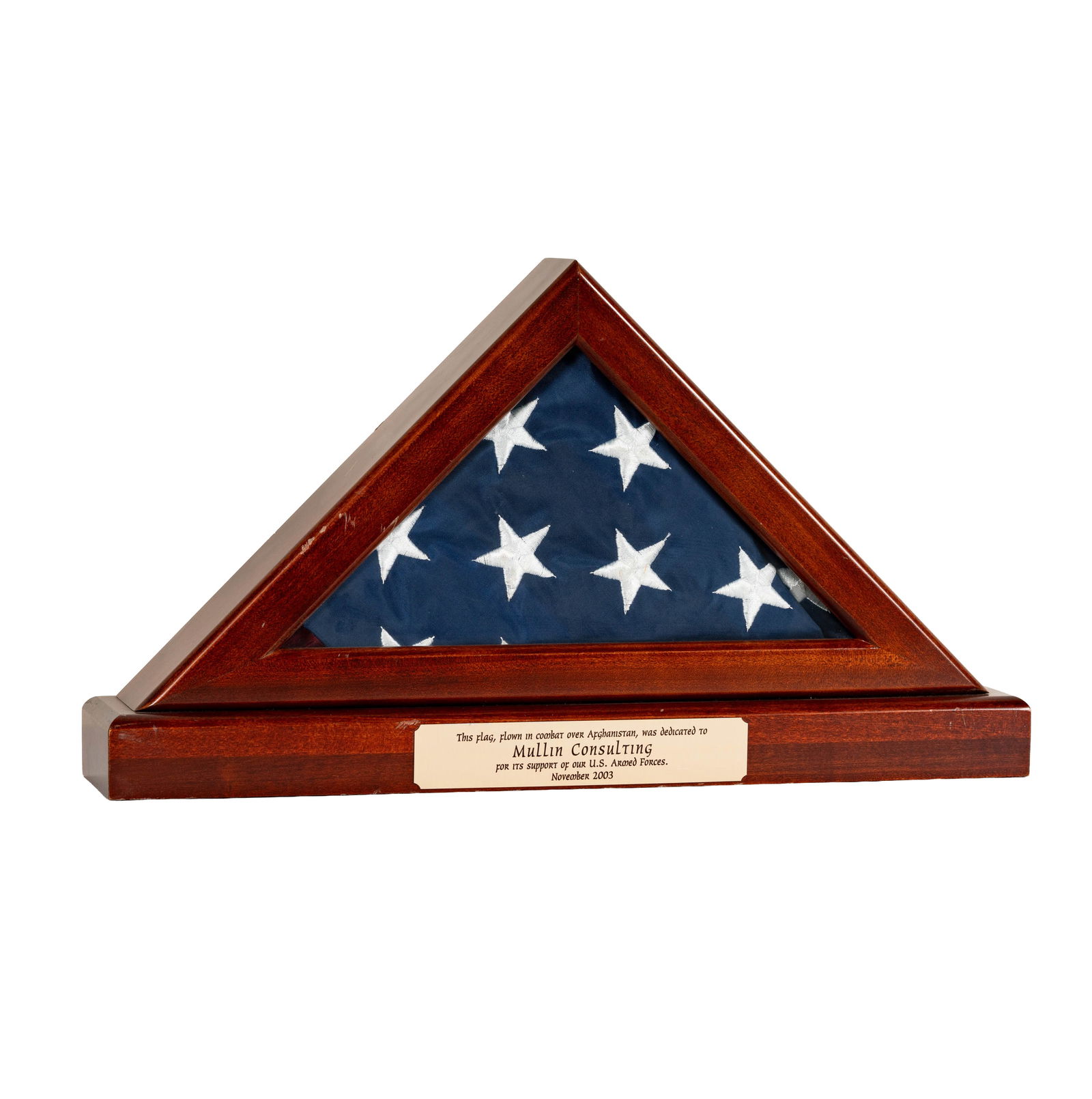 Flown Over Combat Framed American Flag: flown over combat in Afghanistan, dedicated to Mullin Consulting for its support of our US Armed Forces in November 2003, 11.5 x 25 x 4 in. 
