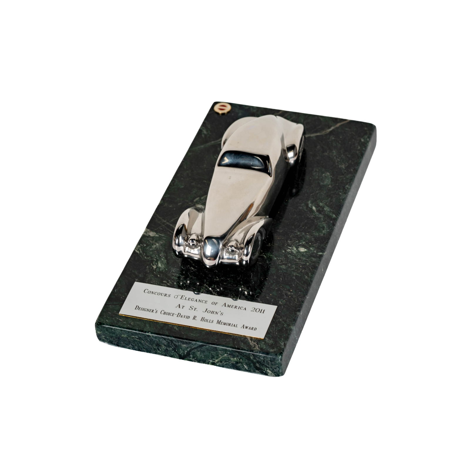 Concours d'Elegance of America Designer's Choice Memorial Award: a car form trophy, 2.5 x 10 x 5 in. 