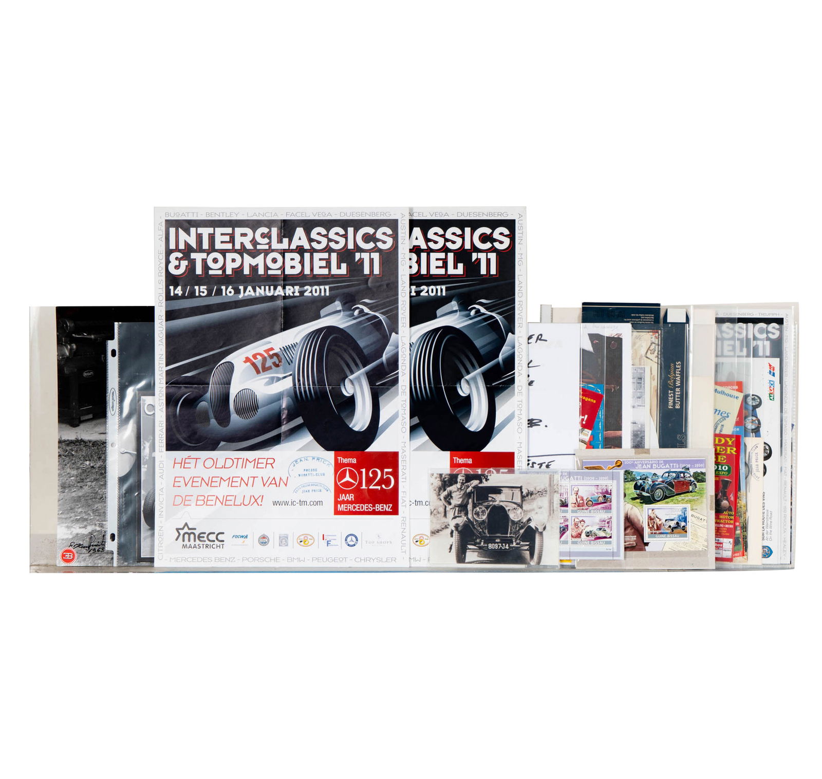 Jean Prick Black and White Bugatti Photo and Other Ephemera: the photo signed and dated 1963 to front and verso, also including many items of ephemera, including postcards, four photographs of Jean Prick, press pass, photo of Theresa Bugatti and Jean prick,