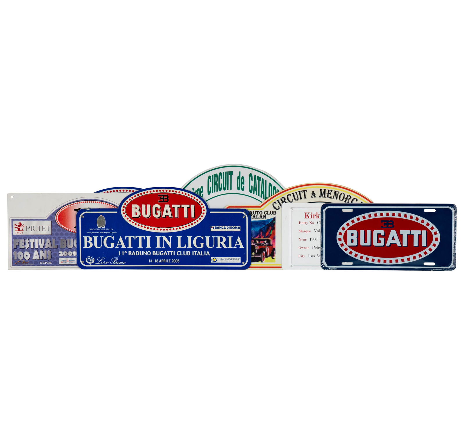 Group of Commemorative Car Show Placards and New Bugatti License Plate: seven total items, The Bugatti license plate: 6 x 12 inches 
