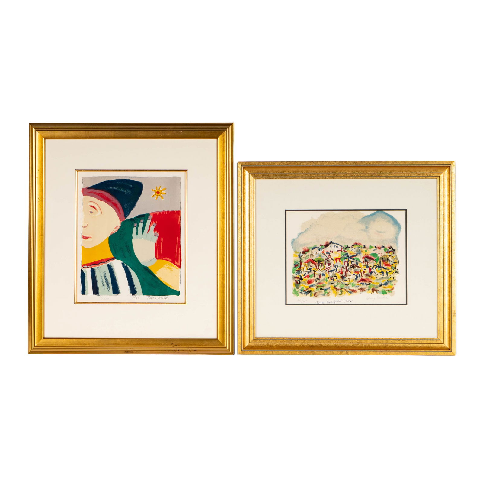 Henry Miller (1891-1980): Two Works: including two colored serigraph prints, "After the Quake", signed lower right, numbered 20/100 and annotated "To my dear friend Sara", and an untitled portrait, dated 1968, signed